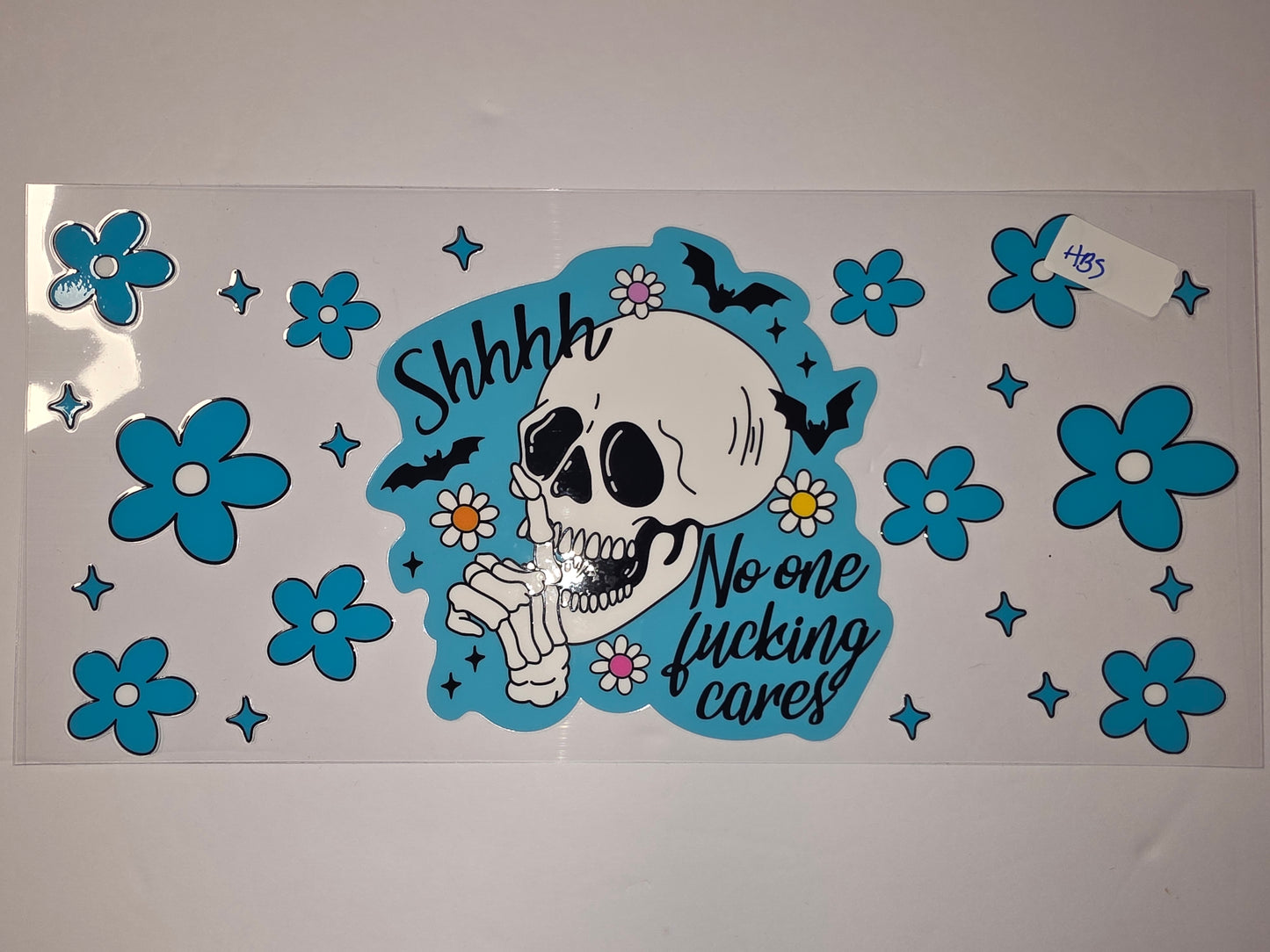 Retro Skull & Flowers "Shhh No One Cares" Tumbler Wrap - Teal & White