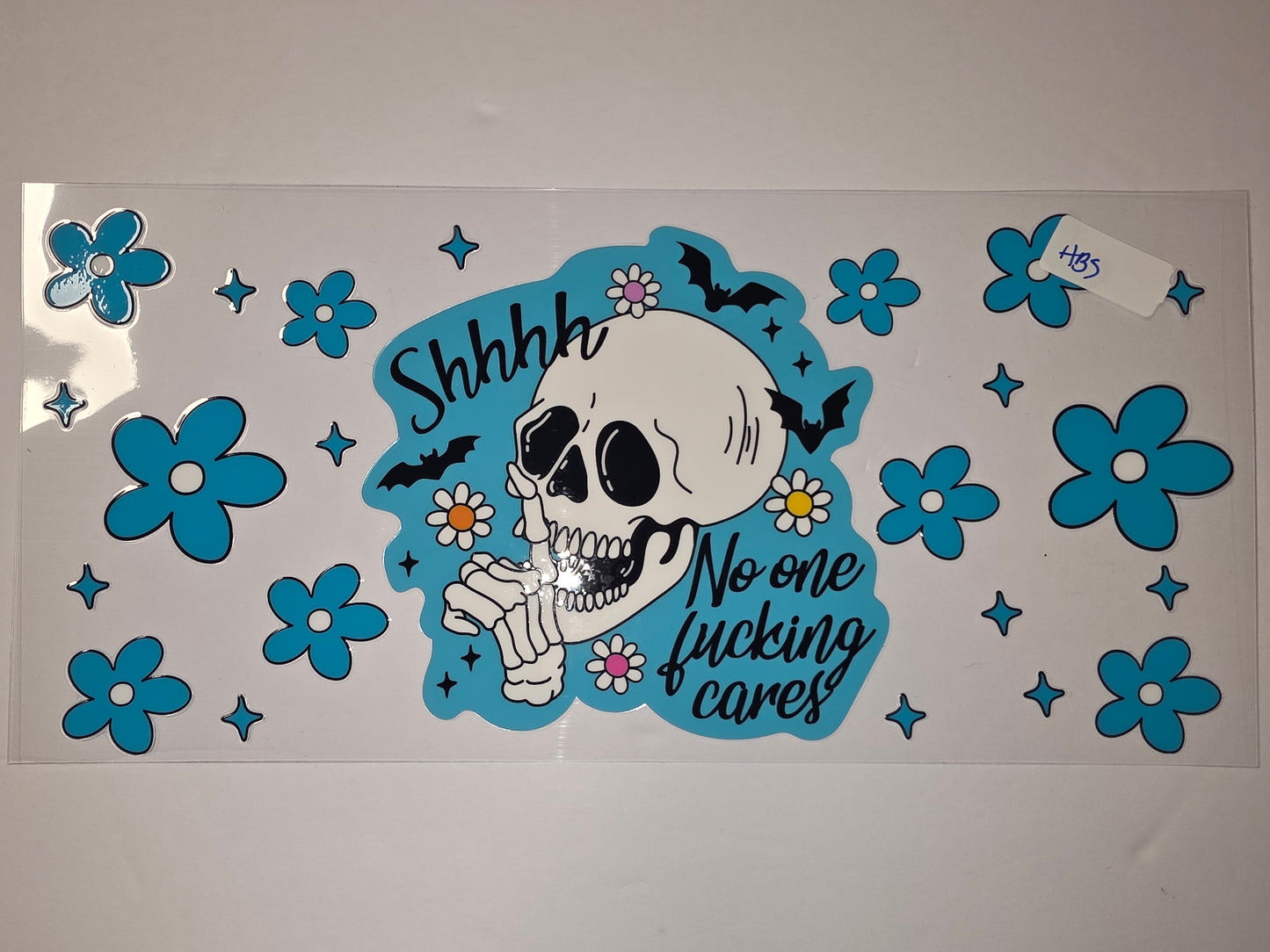 Groovy Skull & Flowers Tumbler Wrap | Teal Blue & White Retro Vibes | "No One Fucking Cares"