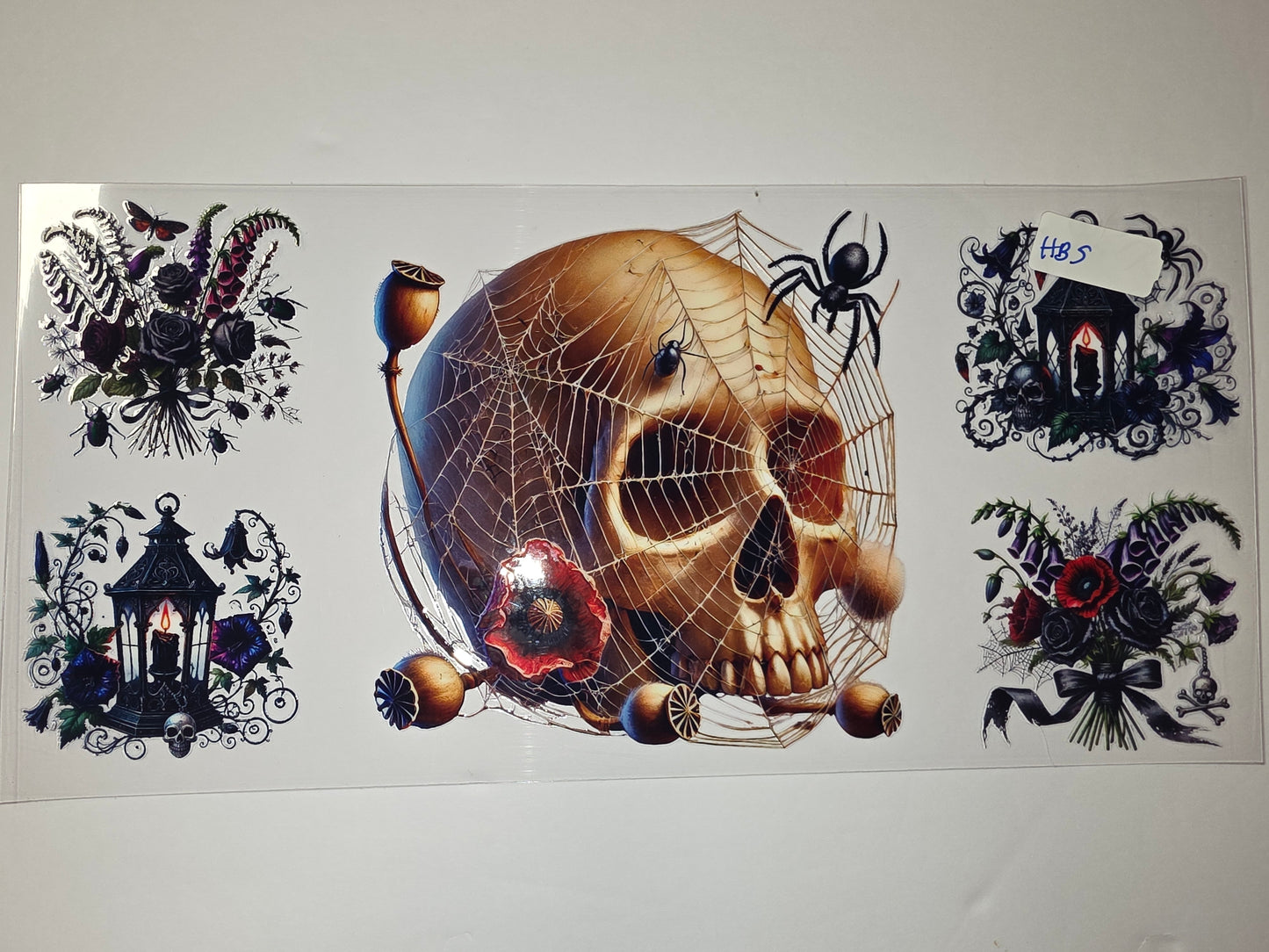 Gothic Skull & Lantern Tumbler Wrap | Dark Floral & Spiderweb Design | Halloween Drinkware