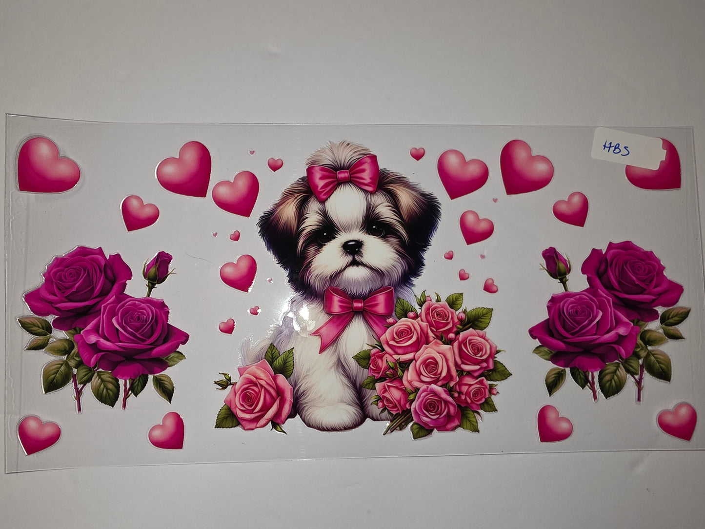 Cute Shih Tzu Puppy with Pink Roses & Hearts Tumbler Wrap | Valentine's Day Dog Design