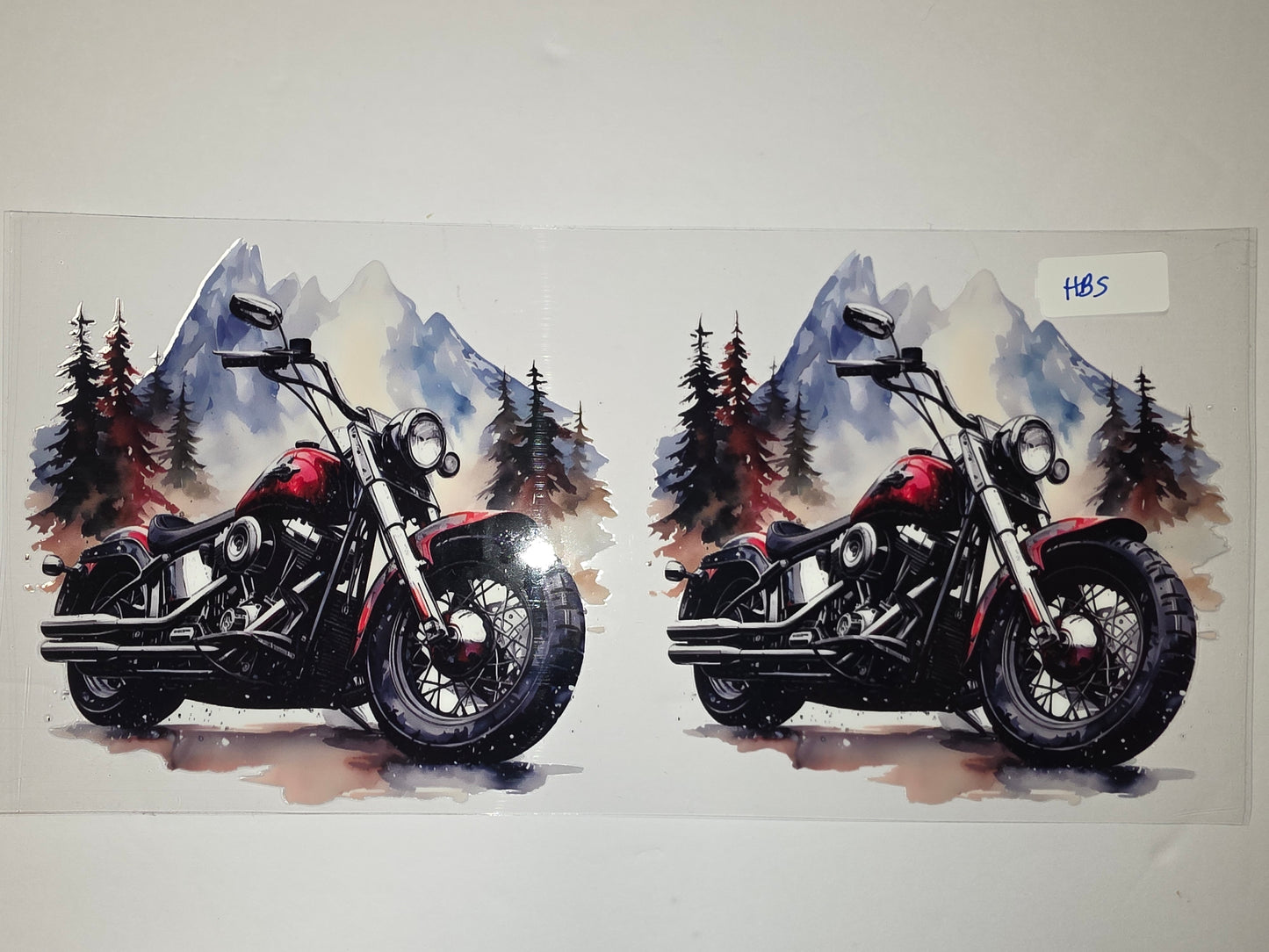 Watercolor Motorcycle Tumbler Wrap - Red Cruiser with Mountain & Pine Tree Scenery