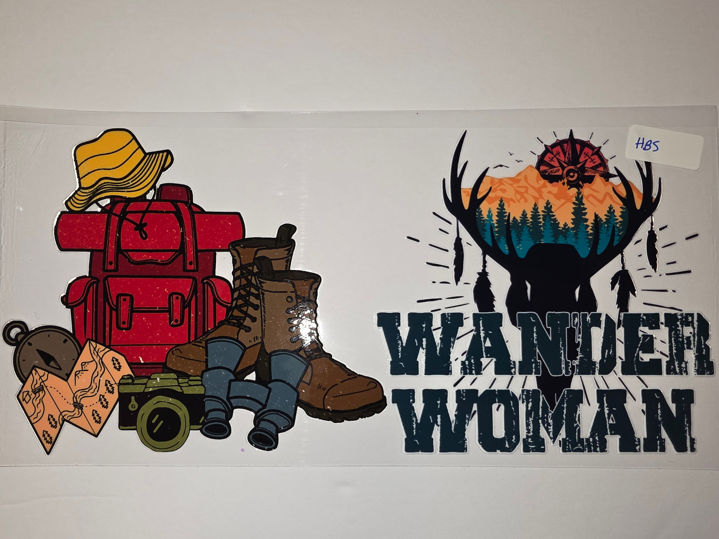 Wander Woman Adventure Tumbler Wrap | Hiking Boots, Backpack, Map & Compass Design