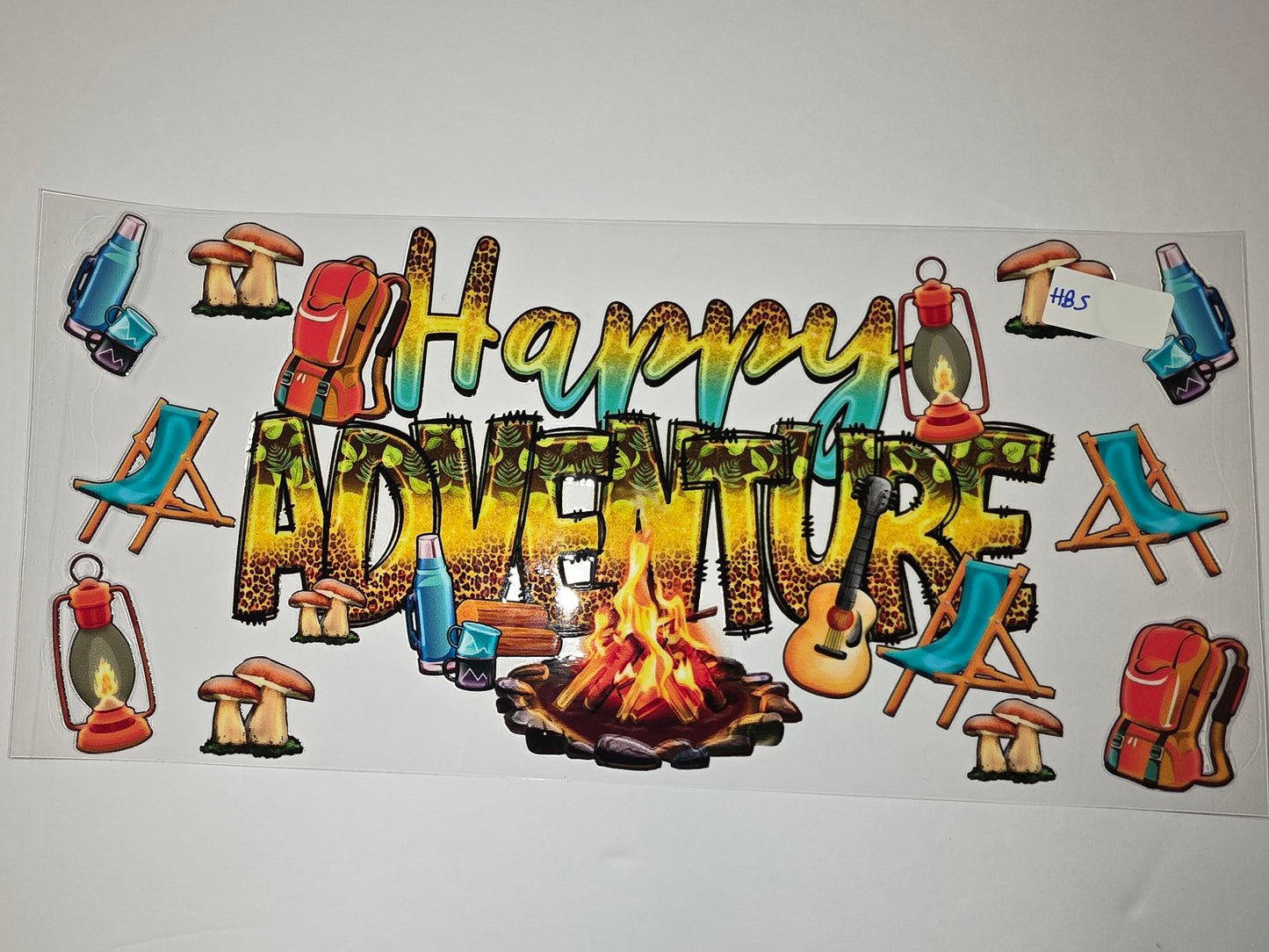 Happy Adventure Camping Tumbler Wrap | Campfire, Guitar, Backpack, Mushrooms | Sublimation Design