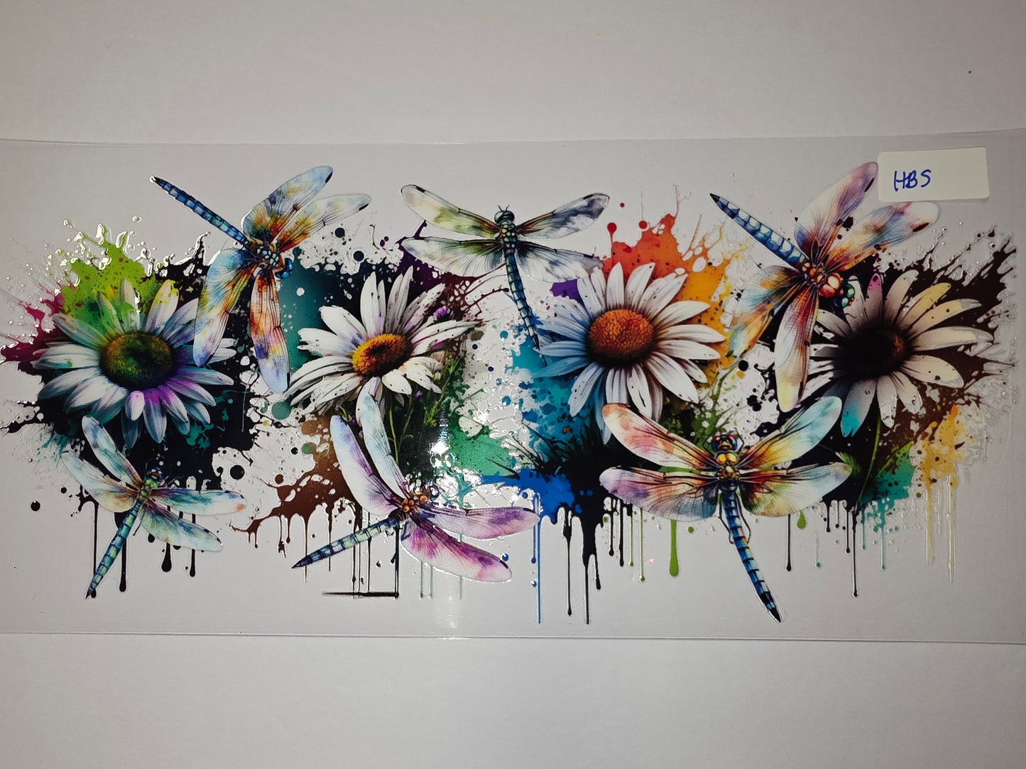 Watercolor Dragonflies & Daisies Tumbler Wrap | Vibrant Splatter Paint Design