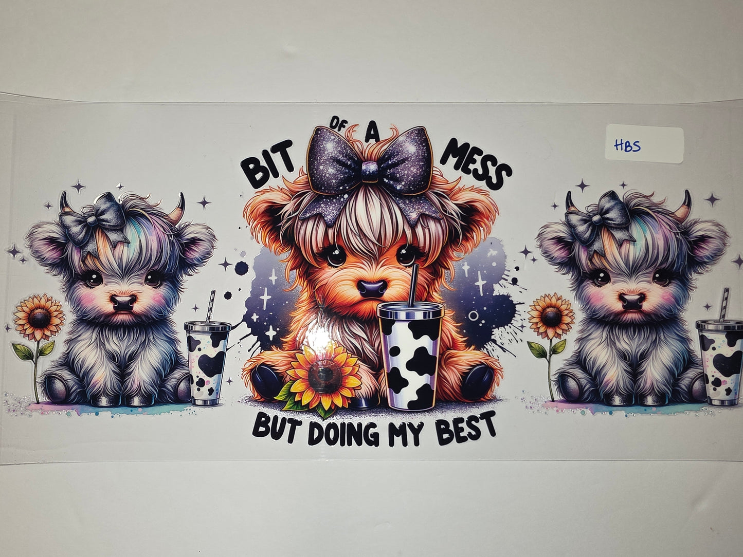 Cute Highland Cow Tumbler Wrap - "Bit of a Mess But Doing My Best" - Sunflower & Rainbow Hair
