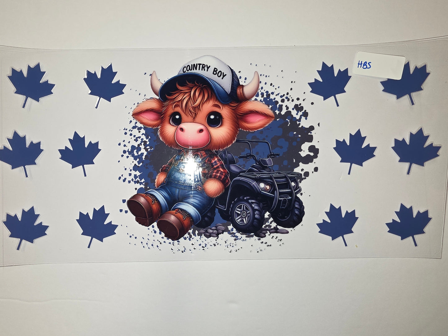 Cute Highland Cow "Country Boy" ATV Tumbler Wrap - Blue Maple Leaves Design