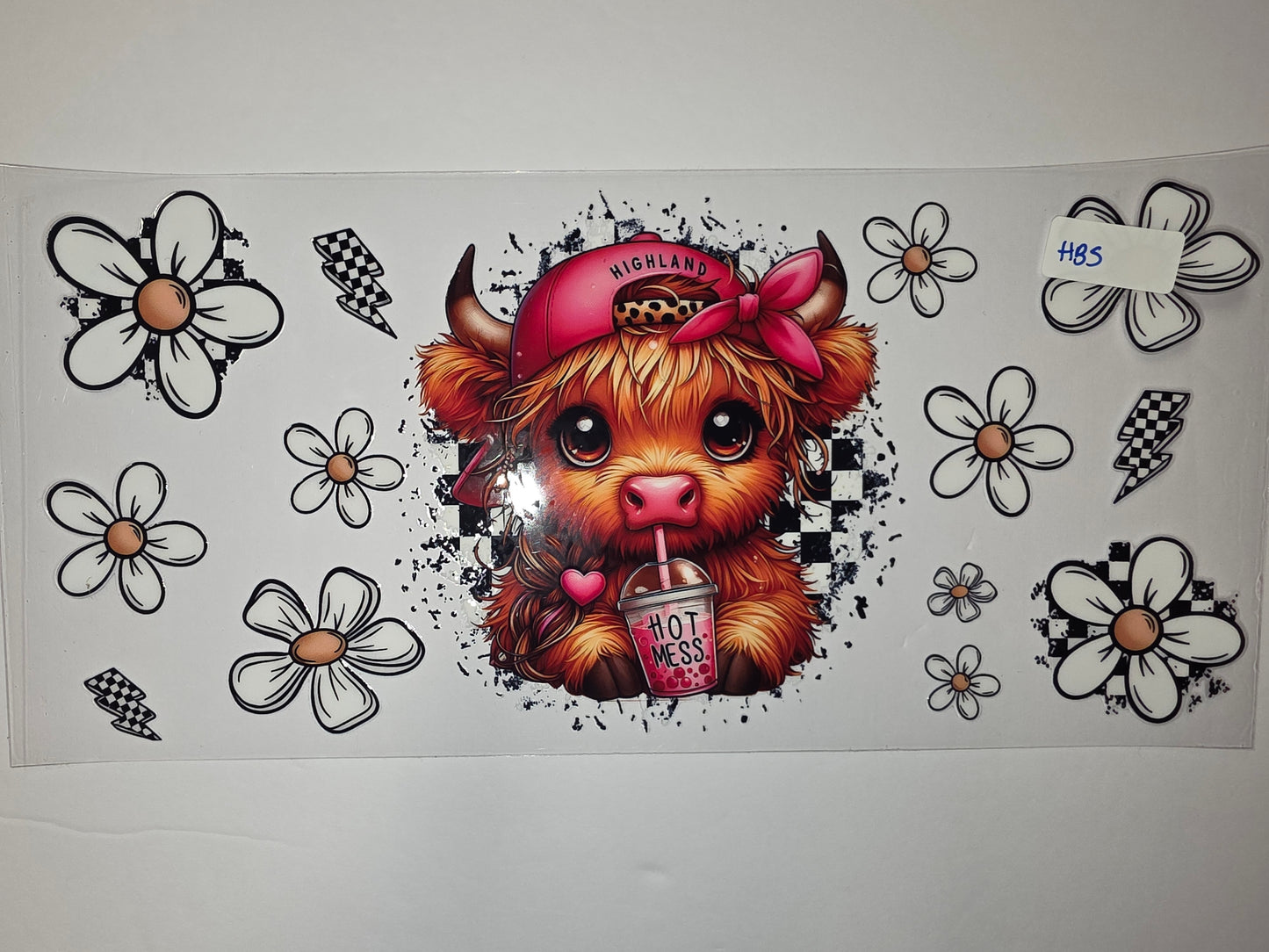 Cute Highland Cow Tumbler Wrap | Daisy & Lightning Bolt Design | Pink & Orange