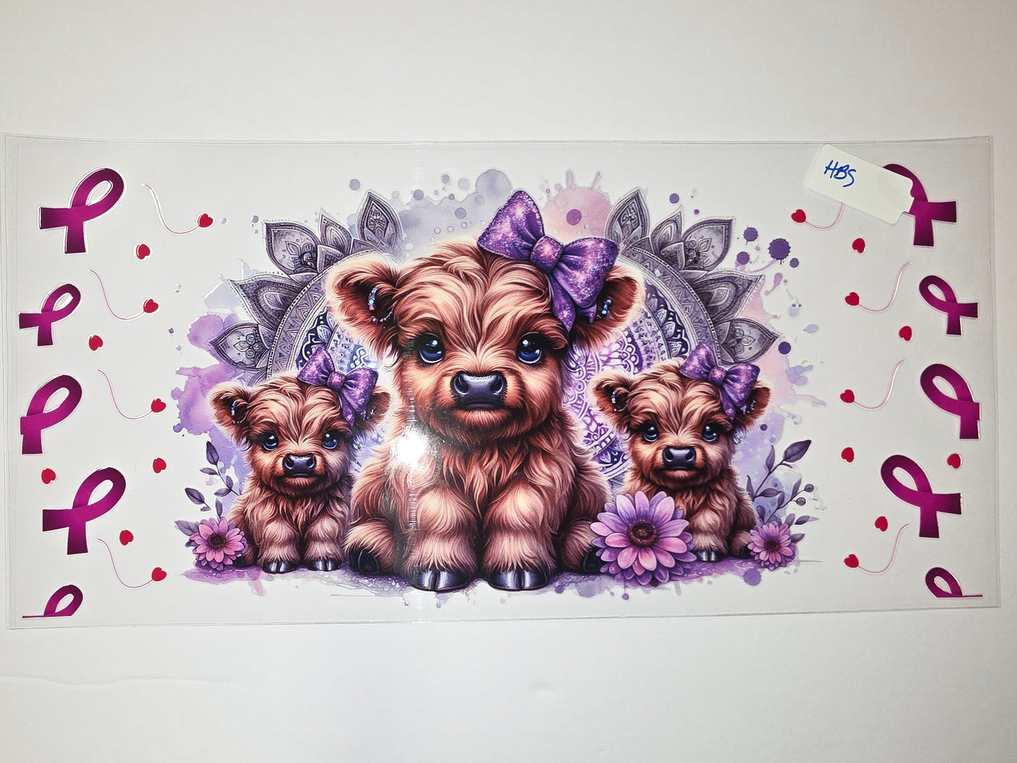 Cute Highland Cow Family Tumbler Wrap - Purple Floral & Ribbon Design