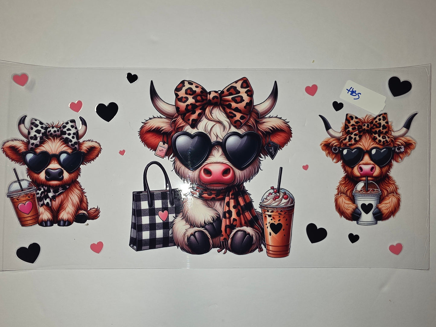 Cute Highland Cow Tumbler Wrap - Leopard Print, Hearts & Coffee Design