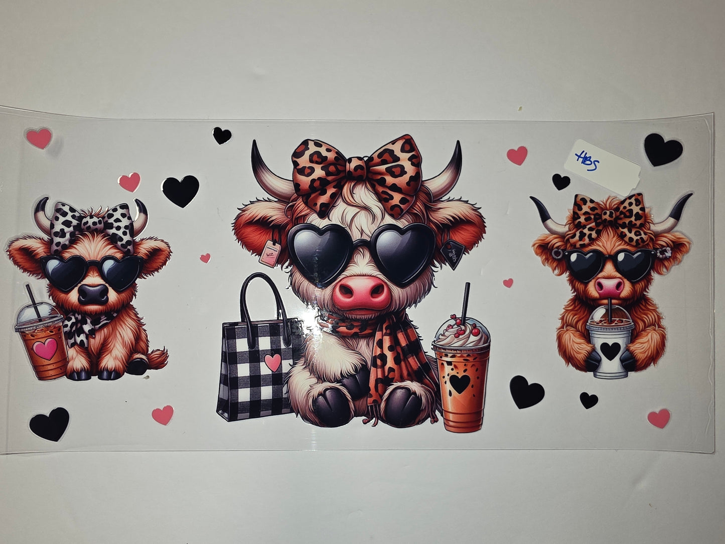 Cute Highland Cow Tumbler Wrap - Leopard Print, Hearts & Coffee Design