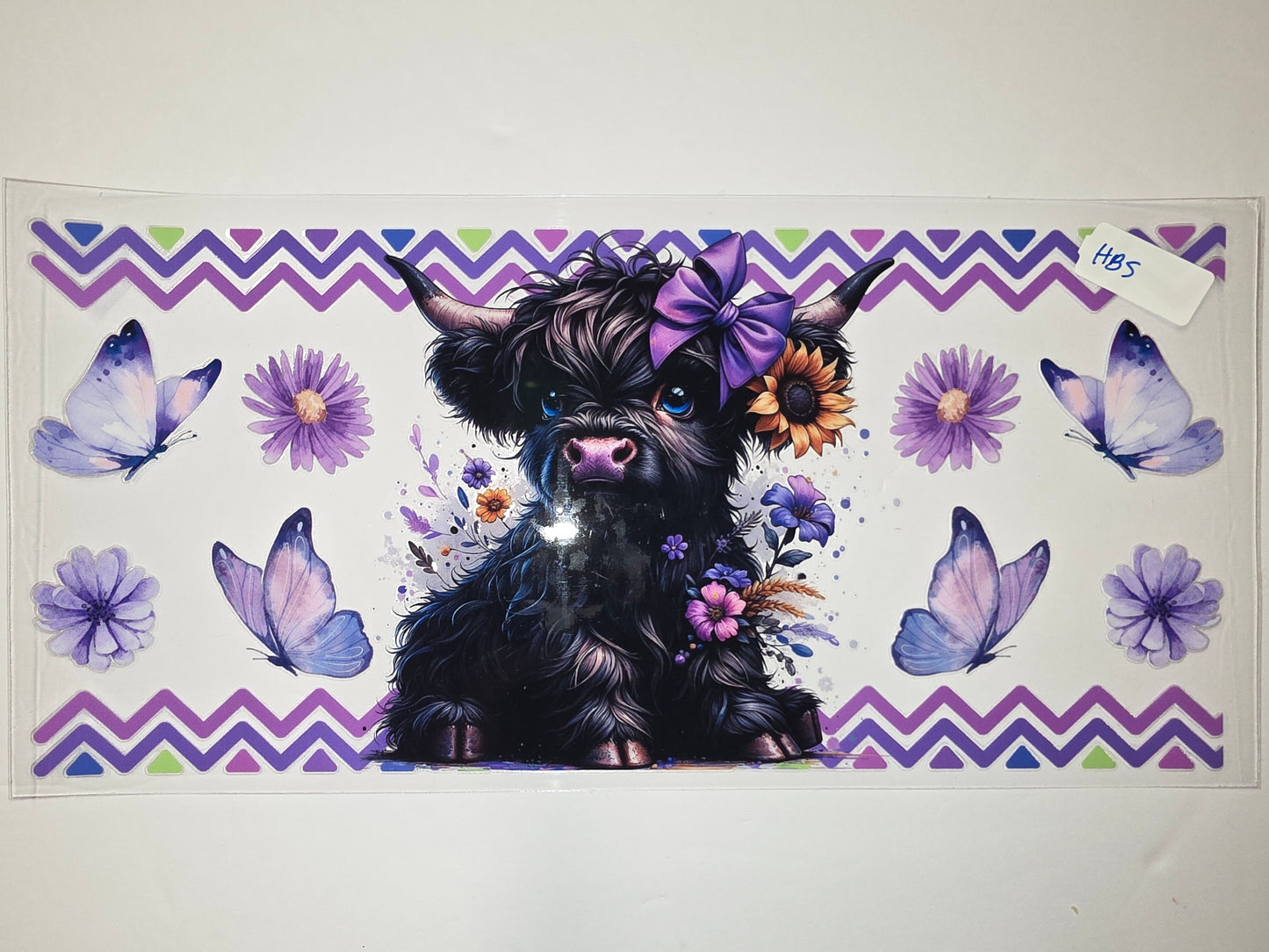 Cute Highland Cow Tumbler Wrap with Butterflies and Flowers - Purple & Blue Design