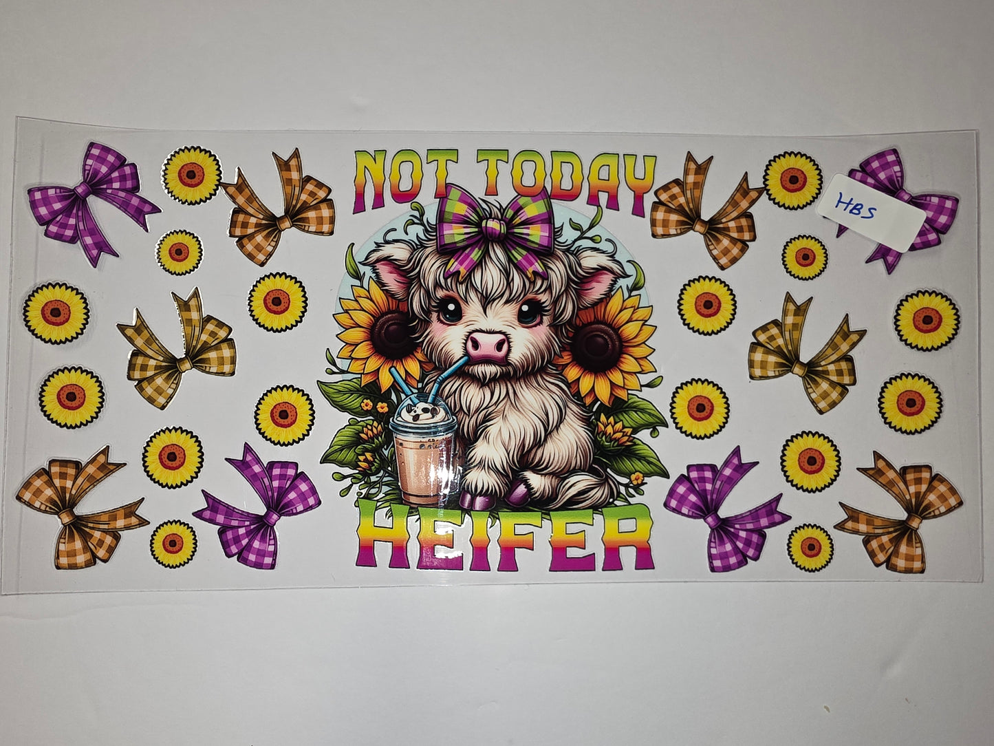 Cute Highland Cow "Not Today Heifer" Tumbler Wrap with Sunflowers & Plaid Bows