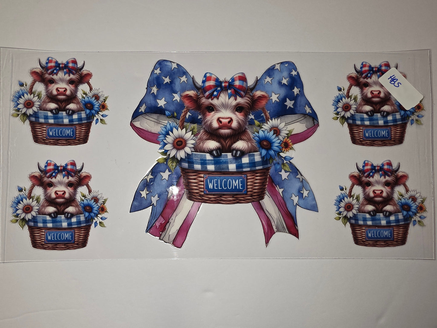 Cute Highland Cow Tumbler Wrap - Patriotic Welcome Design with Blue Flowers