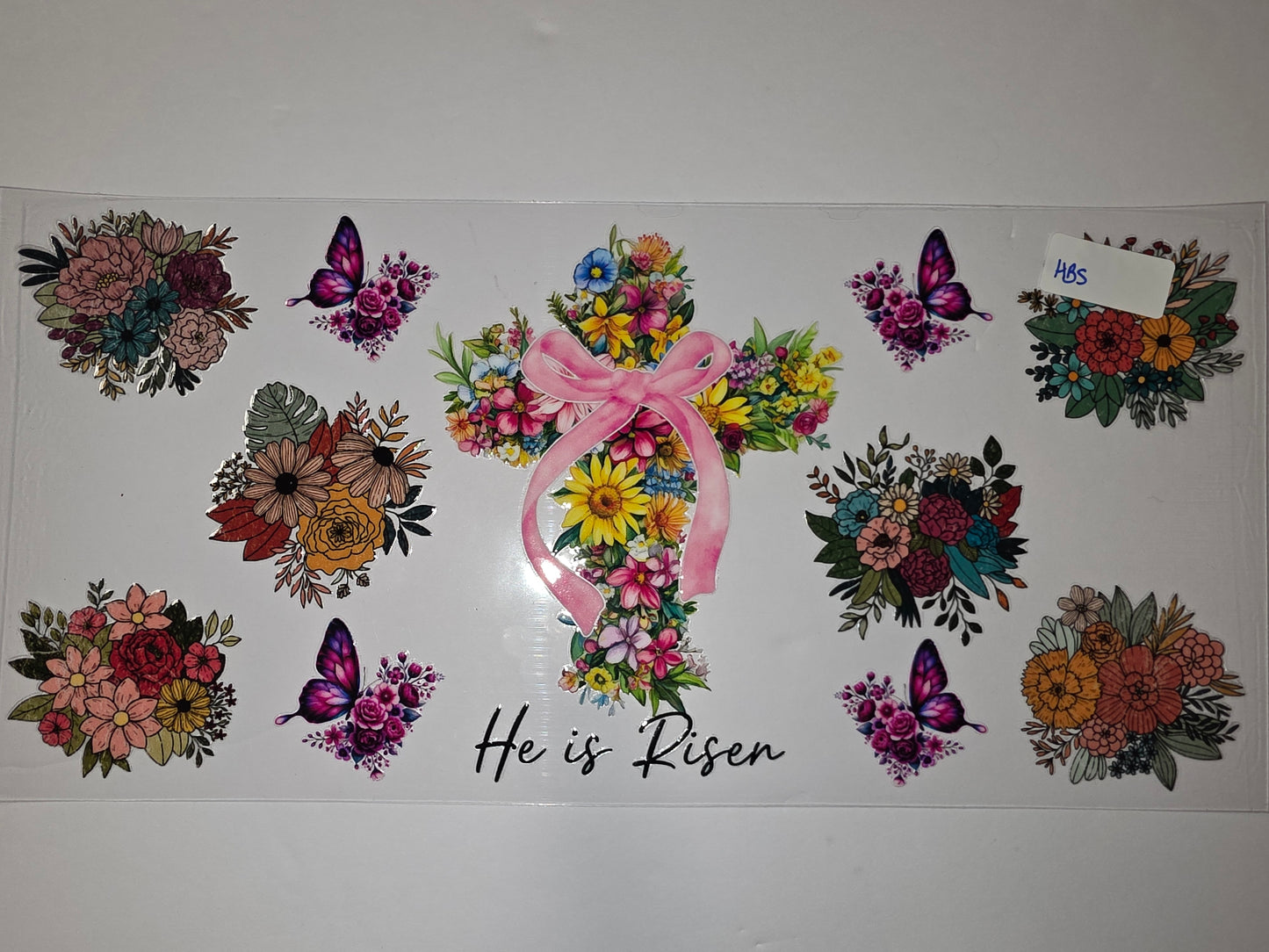 Floral Cross & Butterfly Tumbler Wrap | Easter "He is Risen" Design | Vibrant Flowers & Pink Bow