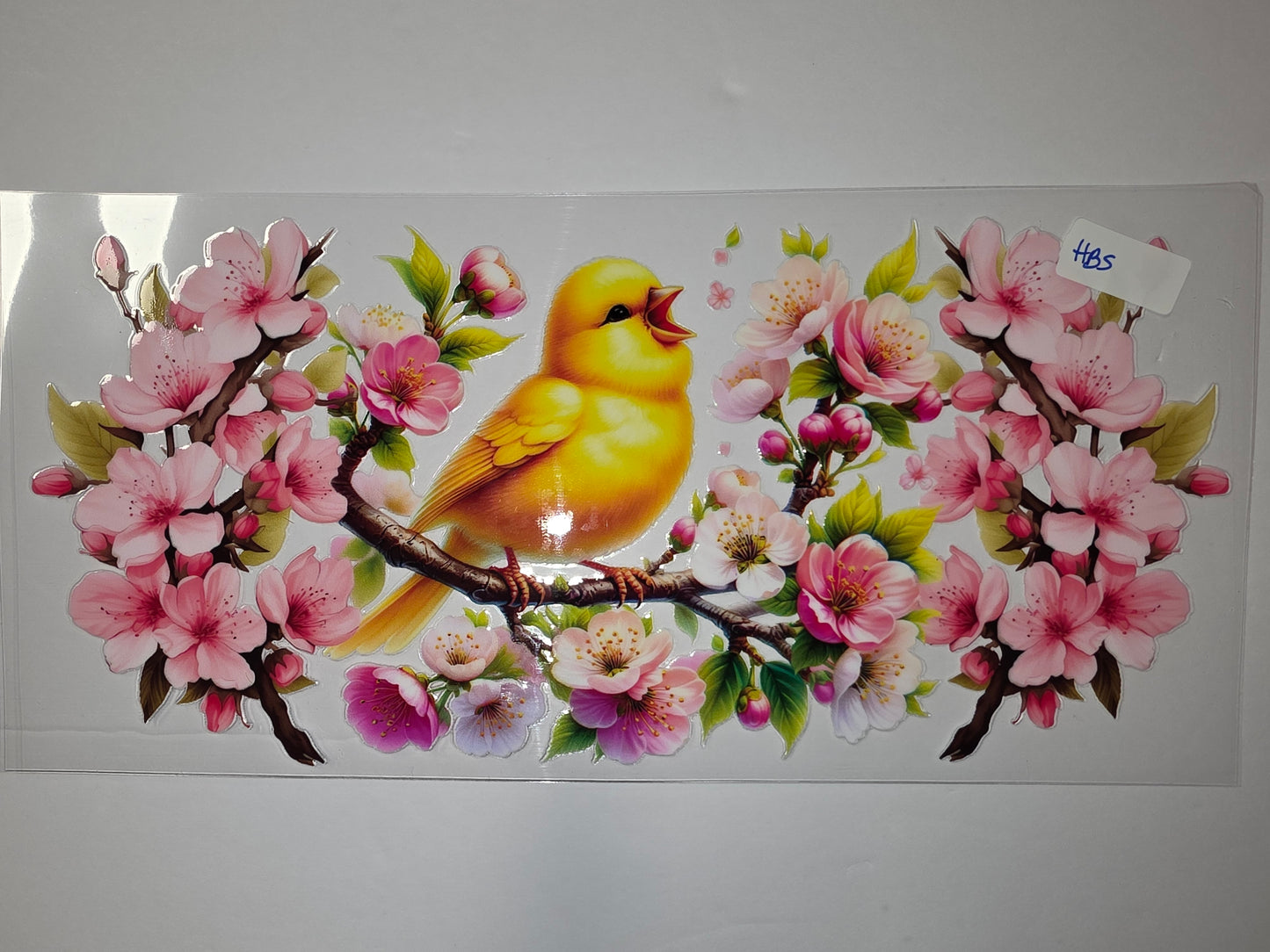 Yellow Bird Cherry Blossom Tumbler Wrap - Pink Floral Bird Drinkware Design