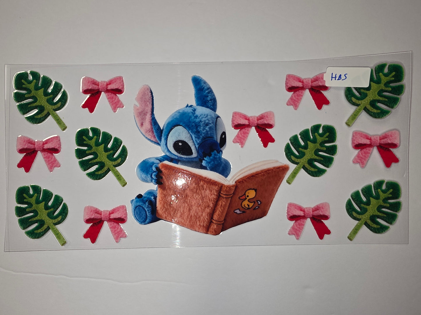 Cute Stitch Reading Book Tumbler Wrap | Tropical Leaves & Pink Bows | Sublimation Design