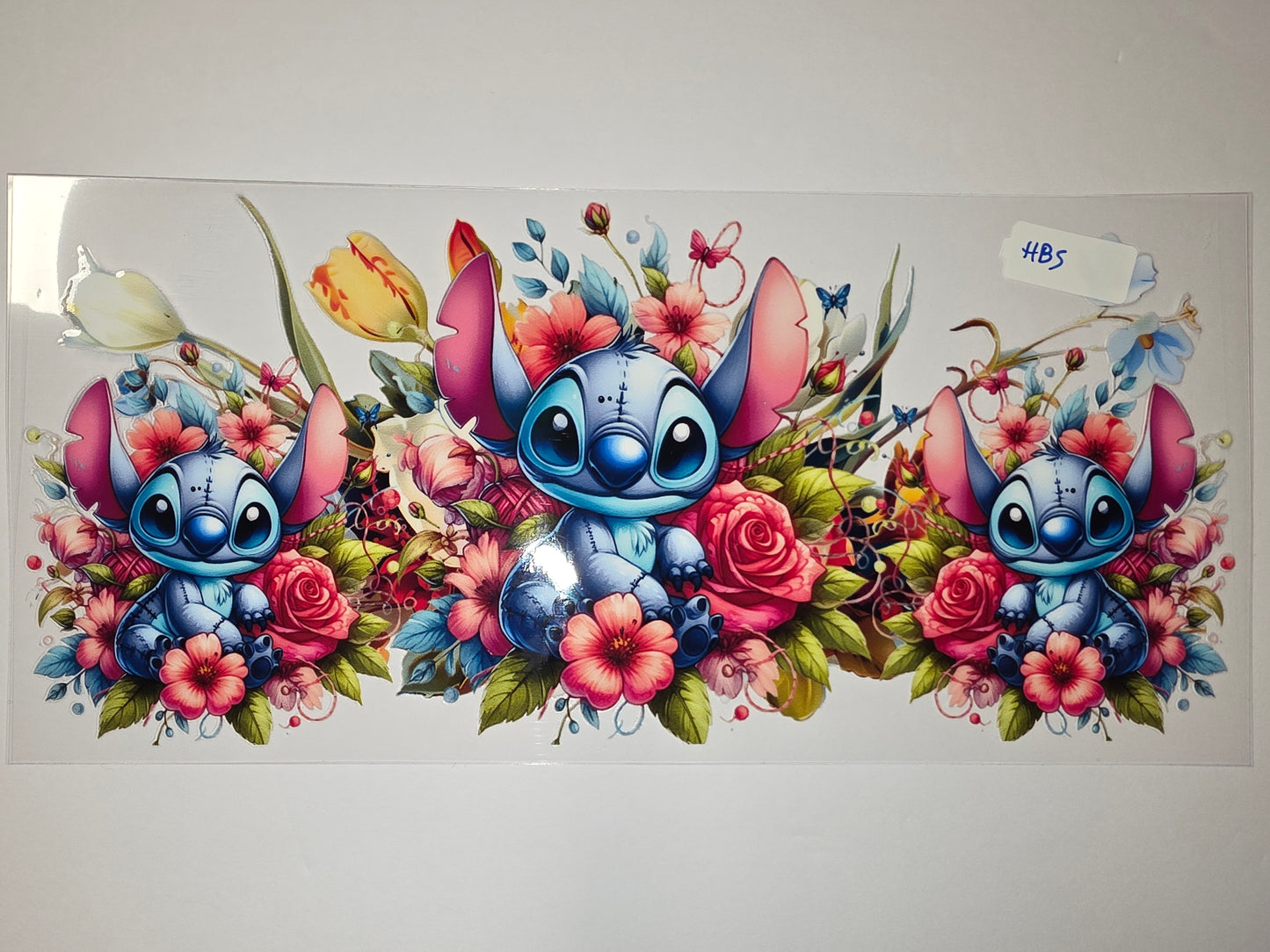 Cute Stitch Floral Tumbler Wrap - Blue Character with Pink & Coral Flowers