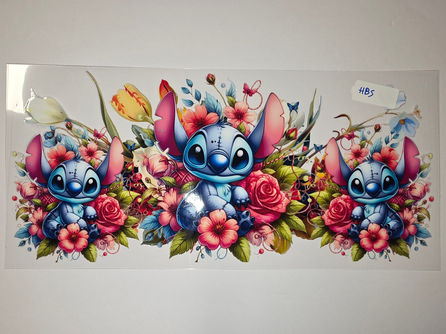 Stitch Floral Tumbler Wrap - Cute Blue Alien with Pink & Red Flowers - Sublimation Design