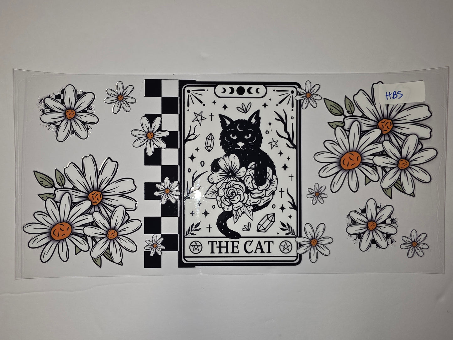 Black Cat Daisy Tarot Tumbler Wrap | Celestial Moon & Stars Design | Boho Witchy Drinkware