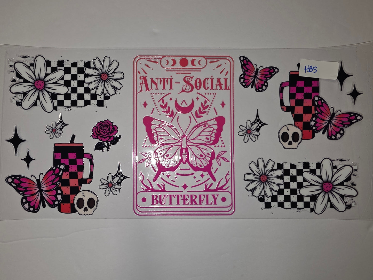 Pink Butterfly & Daisy Tumbler Wrap | Checkerboard & Skull Sublimation Design