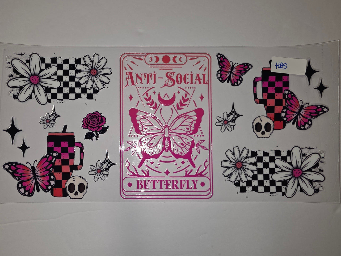 Pink Butterfly & Daisy Tumbler Wrap | Checkerboard & Skull Design | Sublimation Cup Art