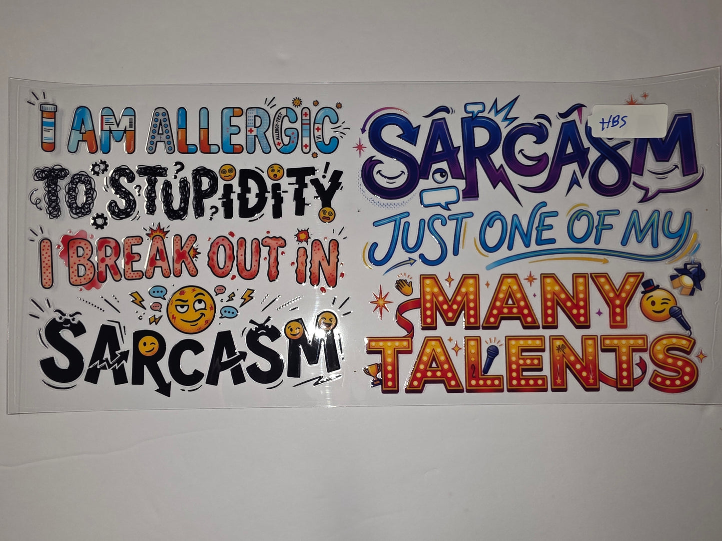 Funny Sarcasm Tumbler Wrap | "Allergic to Stupidity" & "Many Talents" | Blue, Orange, Red