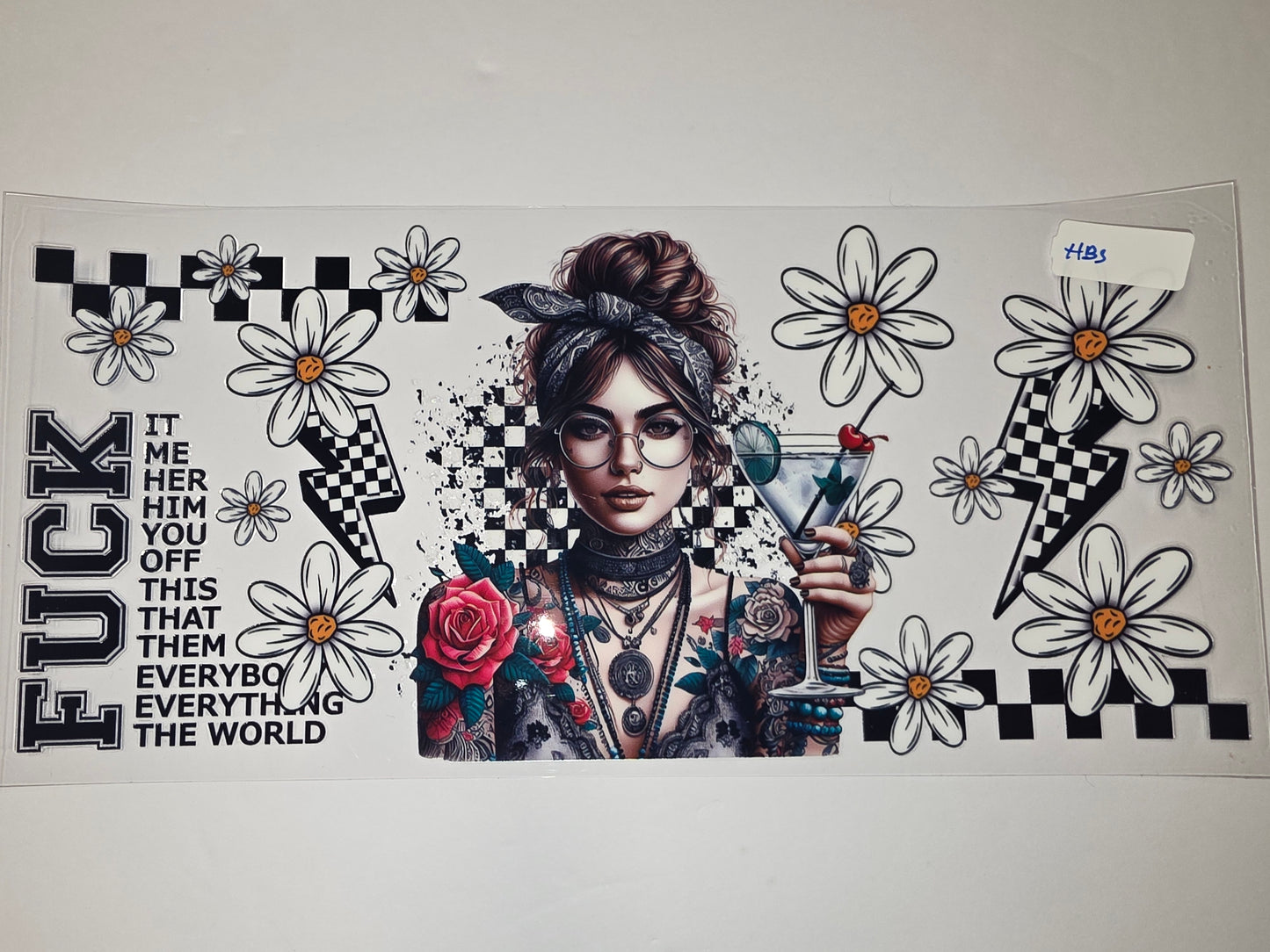 Edgy Tattooed Woman Daisy & Checkerboard Tumbler Wrap | Retro Punk Rock Drinkware Design
