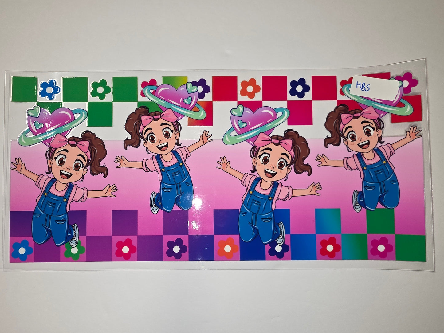 Cute Girl Overalls Tumbler Wrap | Pink Blue Green Floral & Heart Design | Kids Drinkware Sublimation