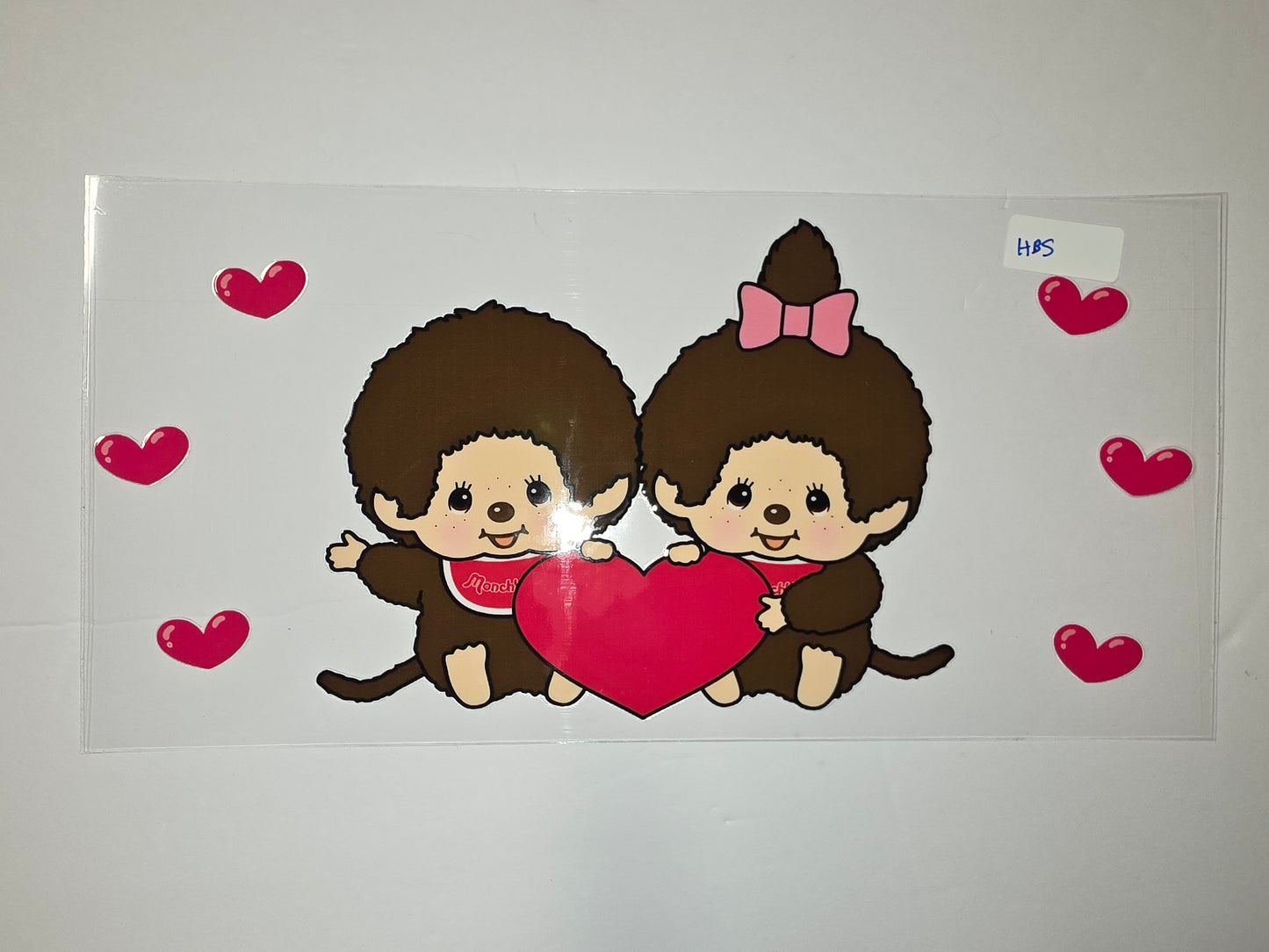 Cute Monchhichi Couple Holding Heart Tumbler Wrap | Valentine's Day Drinkware Design