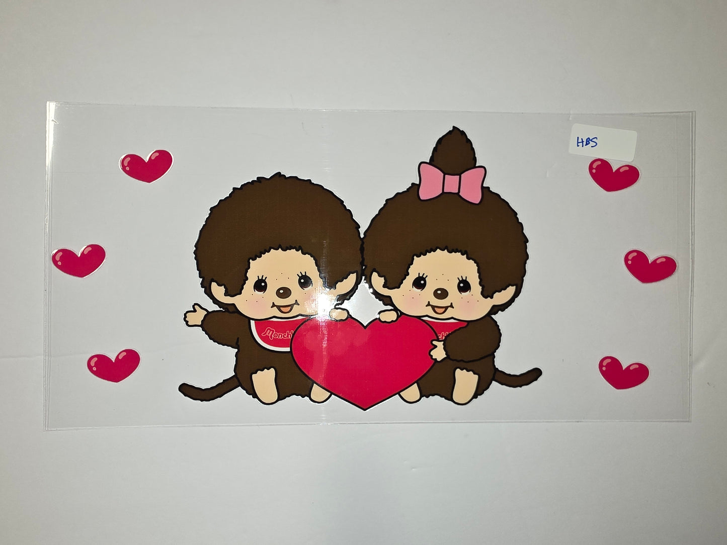 Cute Monchhichi Couple Holding Heart Tumbler Wrap | Pink Bow & Red Hearts Design