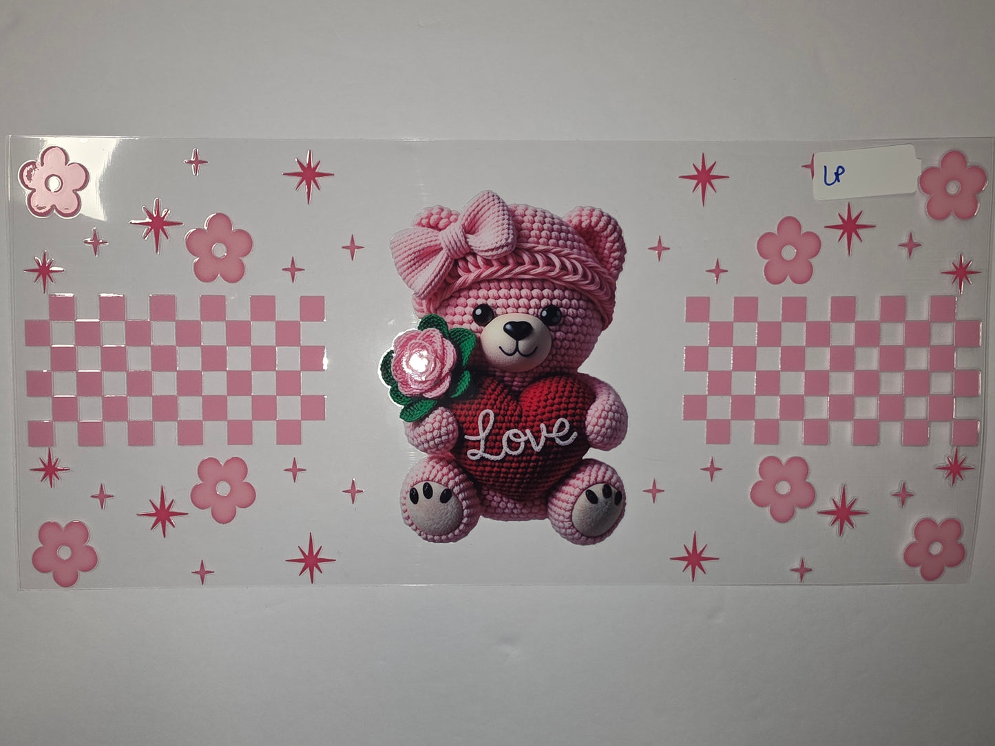 Pink Crochet Teddy Bear with "Love" Heart Tumbler Wrap | Cute Floral & Star Design