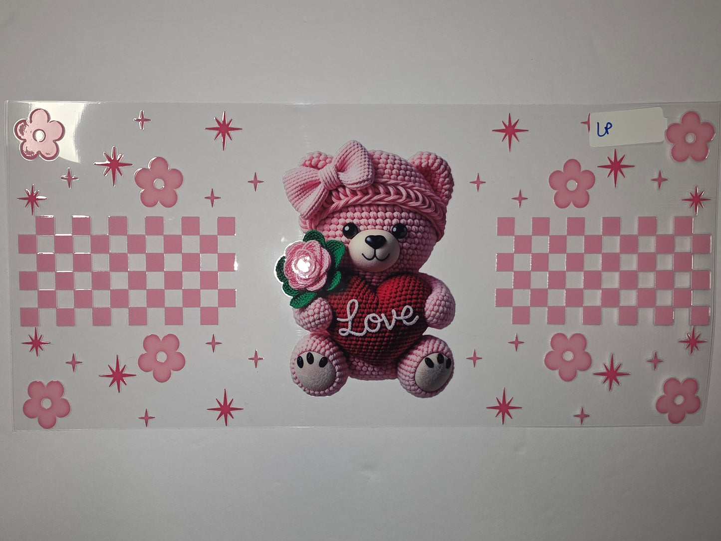Pink Crochet Teddy Bear "Love" Heart Tumbler Wrap - Cute Floral & Checkerboard Design