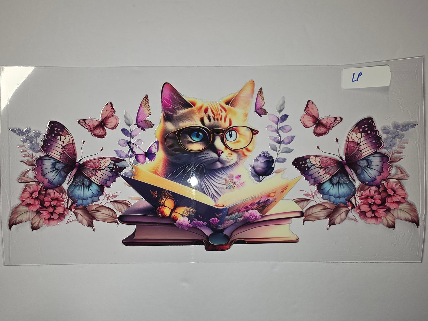 Whimsical Reading Cat with Butterflies & Flowers Tumbler Wrap | Pink, Purple, Blue & Gold