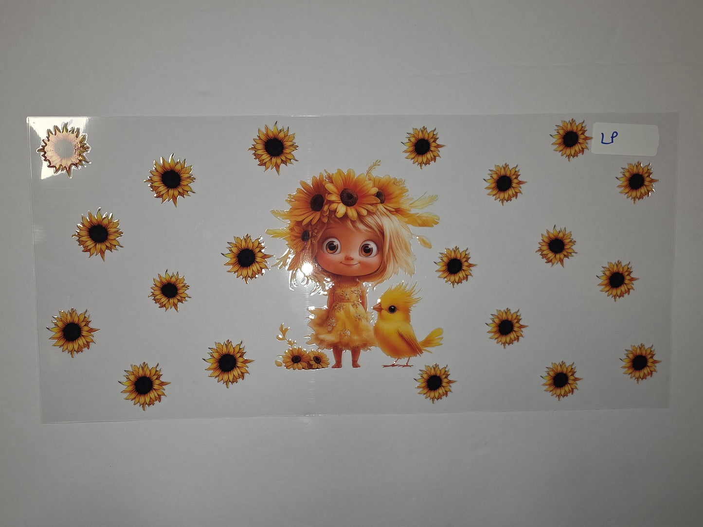 Cute Girl & Bird Sunflower Tumbler Wrap | Yellow Floral Drinkware Design