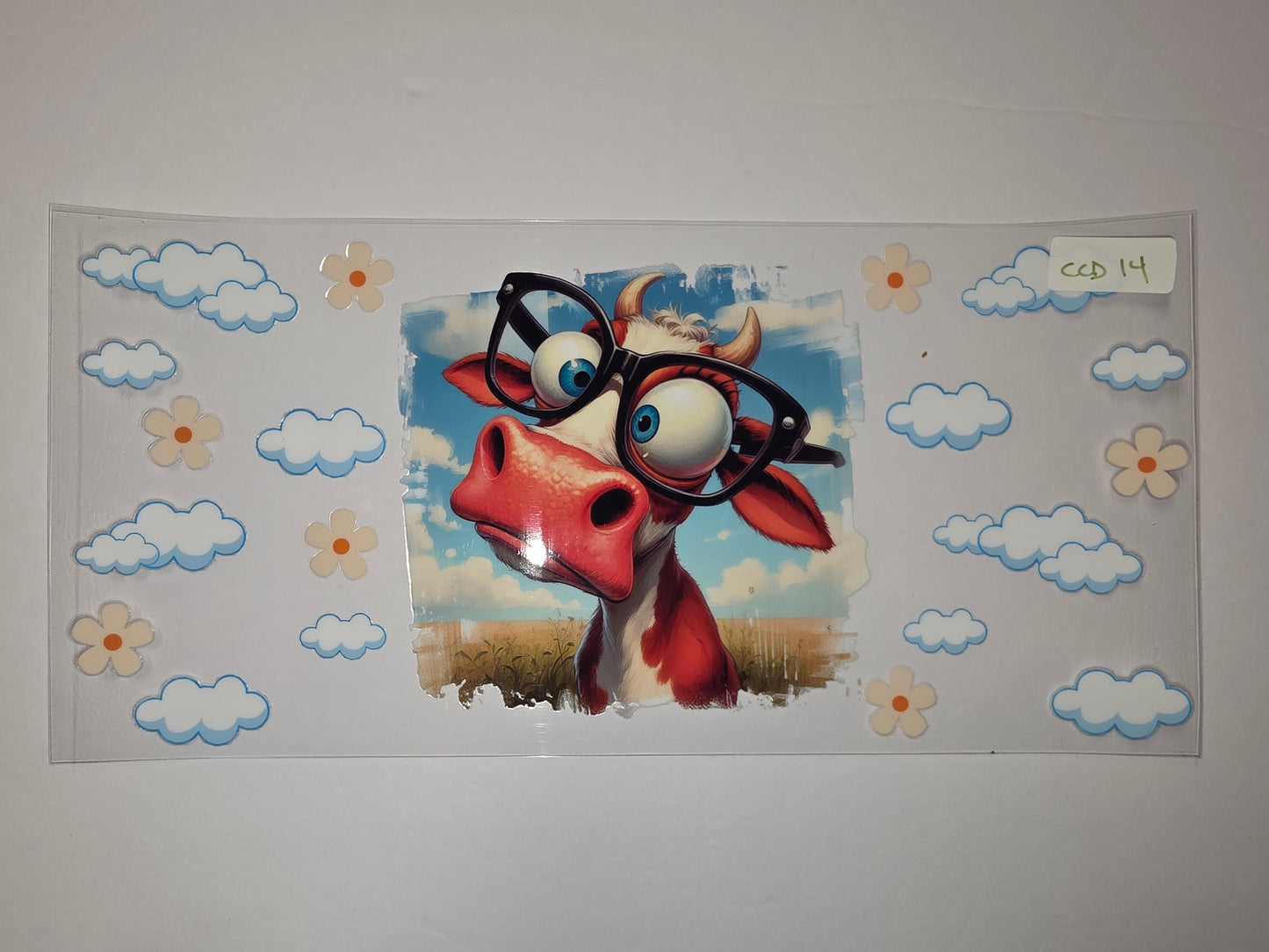 Whimsical Cow with Glasses Tumbler Wrap | Cute Farm Animal & Clouds Design