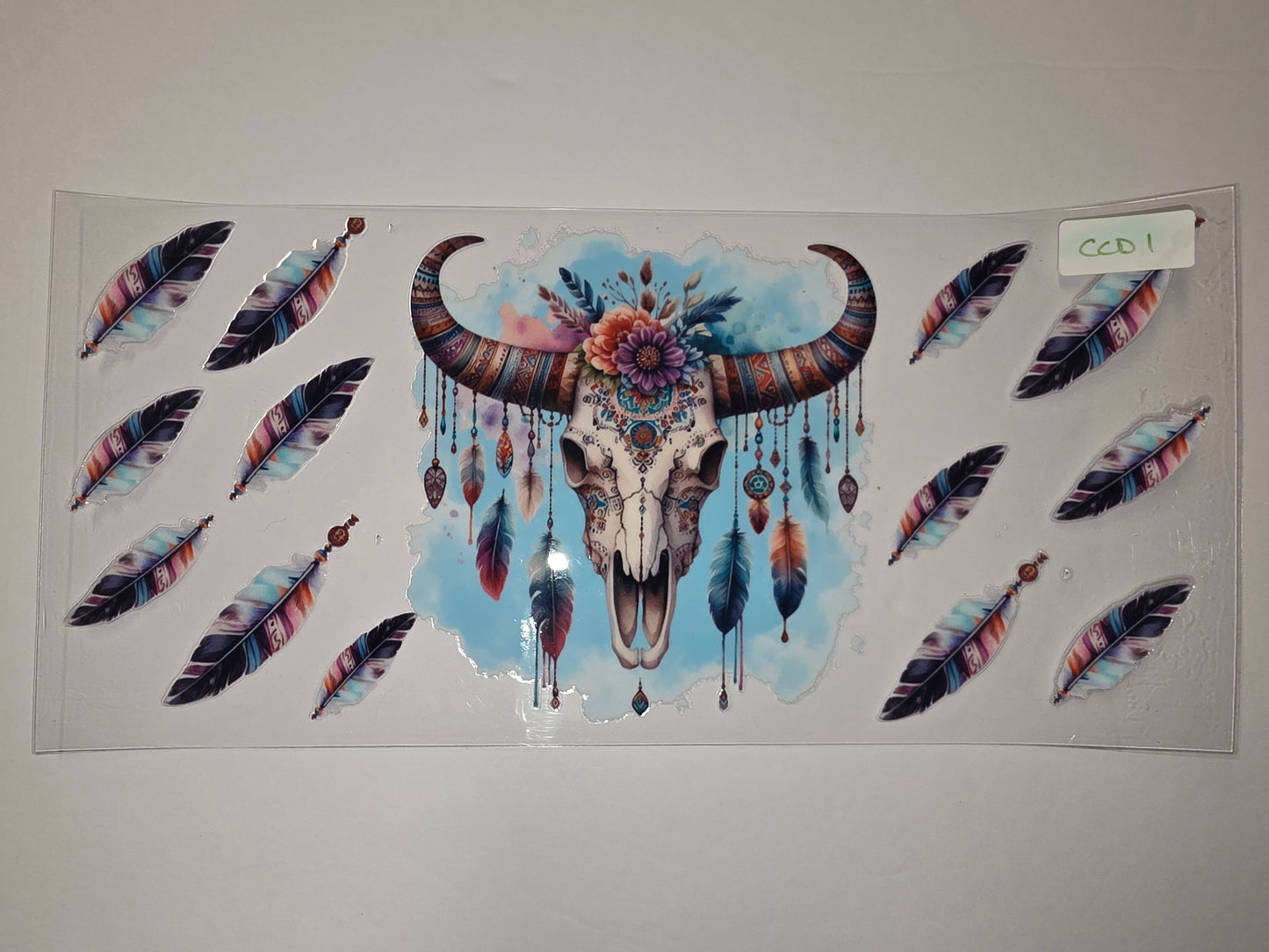 Boho Bull Skull & Feathers Tumbler Wrap | Vibrant Watercolor Design | Tribal & Bohemian Drinkware