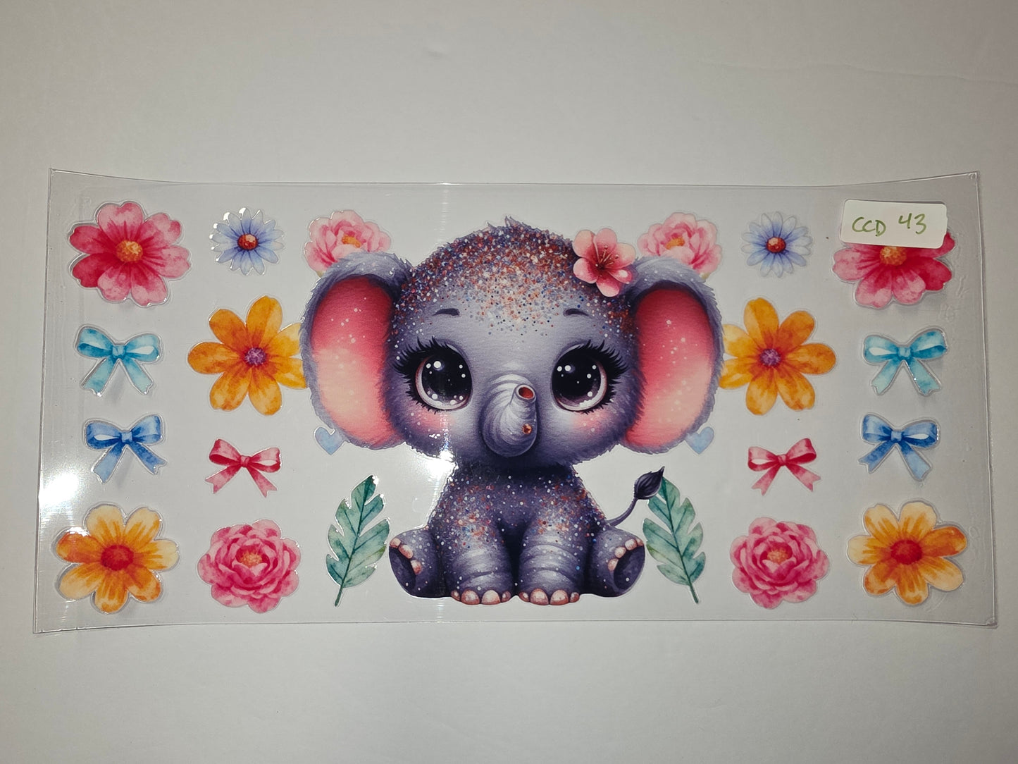 Cute Glitter Elephant Tumbler Wrap - Watercolor Flowers & Bows - Pink, Blue, Orange