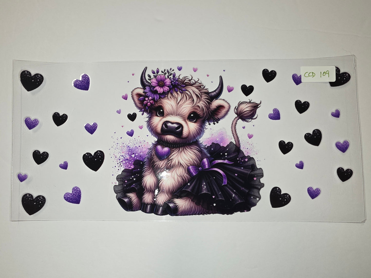 Cute Highland Cow Tumbler Wrap with Purple Hearts & Floral Crown - Sublimation Design
