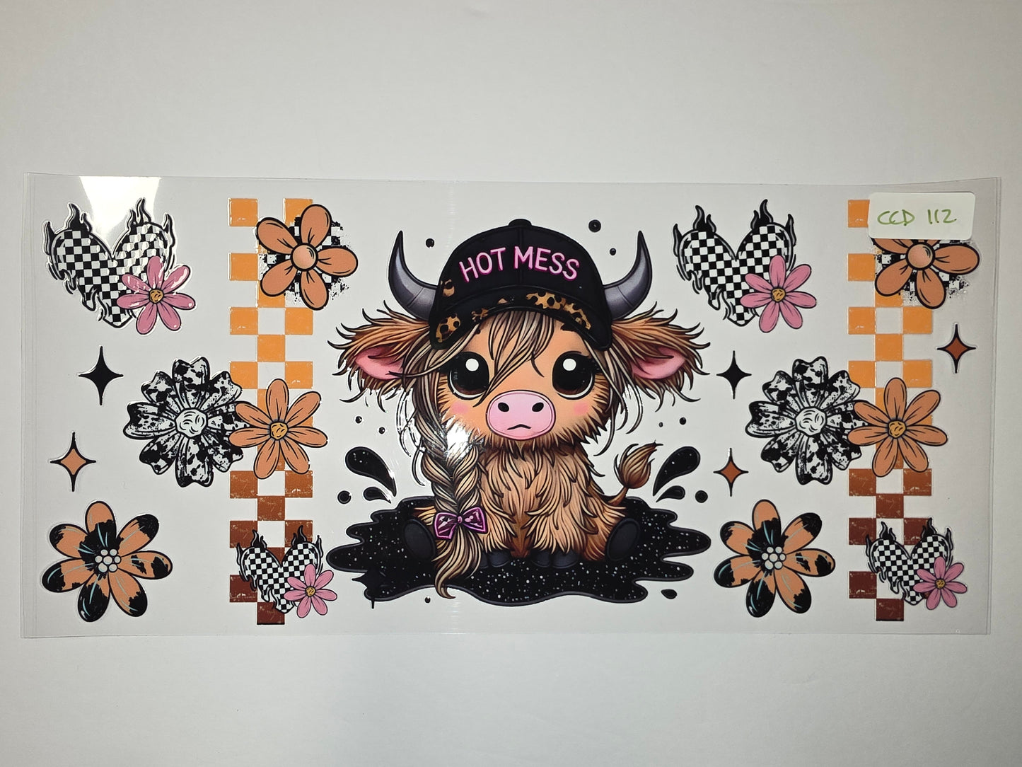 Cute Highland Cow "Hot Mess" Tumbler Wrap | Pink Flowers, Checkered Pattern, Orange Accents