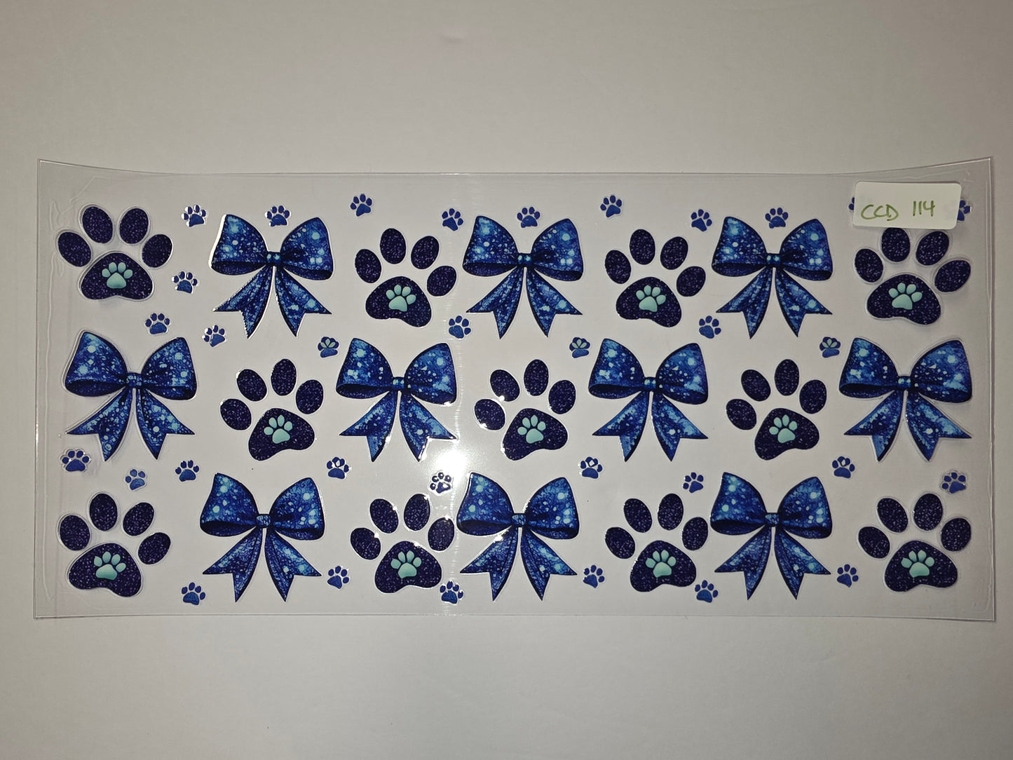 Sparkling Blue Paw Print & Bow Tumbler Wrap | Dog Lover Drinkware Design