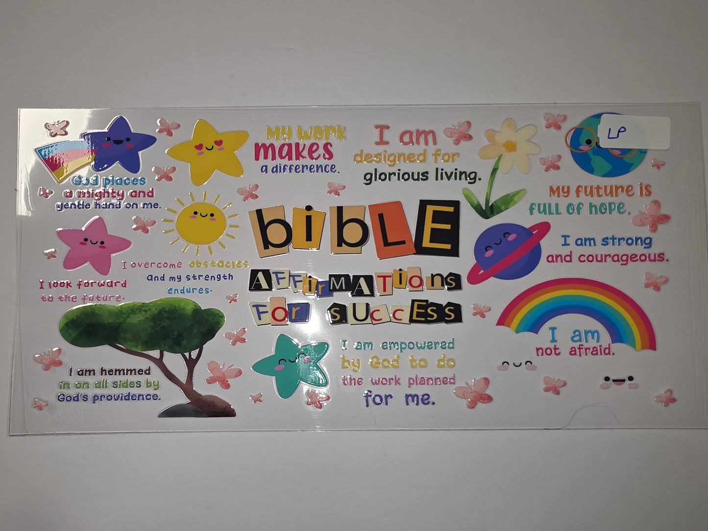 Inspirational Bible Affirmations Tumbler Wrap | Cute Stars, Sun, Rainbow & Planet Design