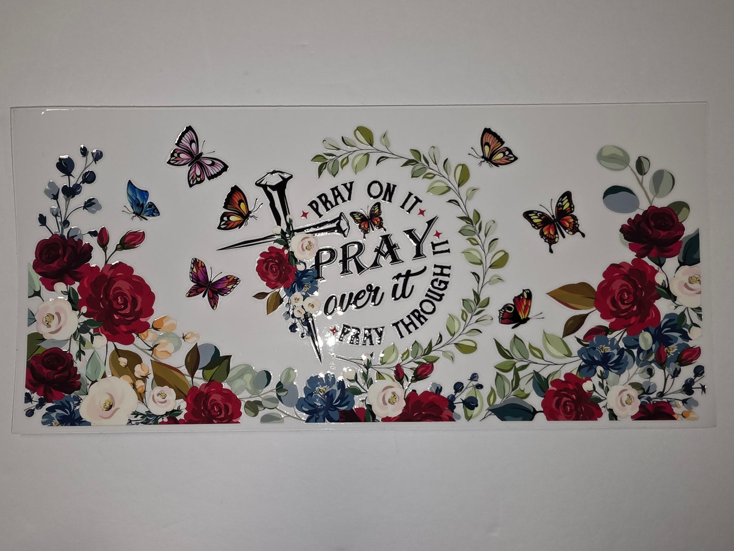 Floral Pray Tumbler Wrap - Red Roses, Blue Flowers, Butterflies, Christian Design