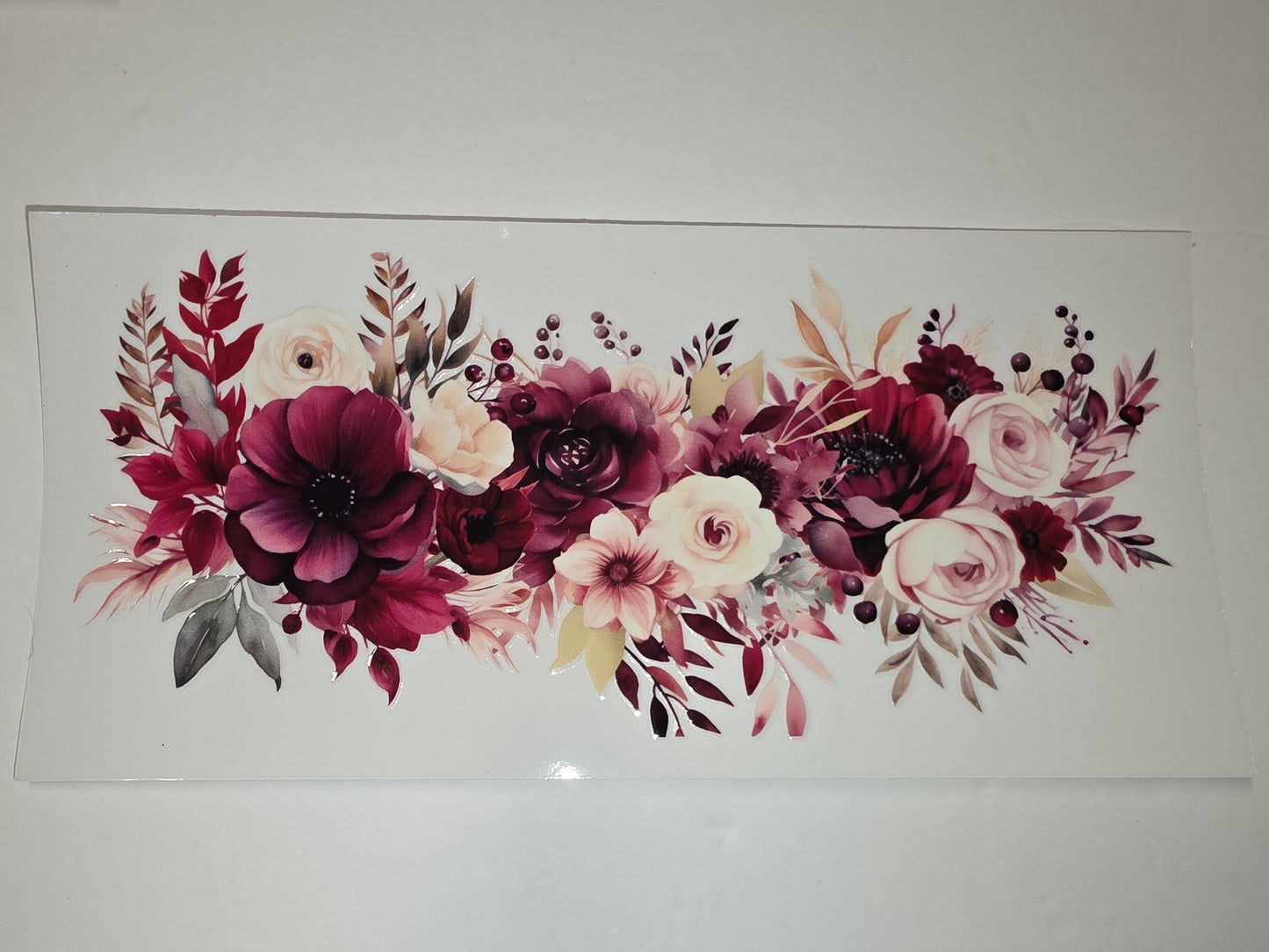 Burgundy Floral Tumbler Wrap - Rich Red & Cream Rose Design - Sublimation Cup Decal