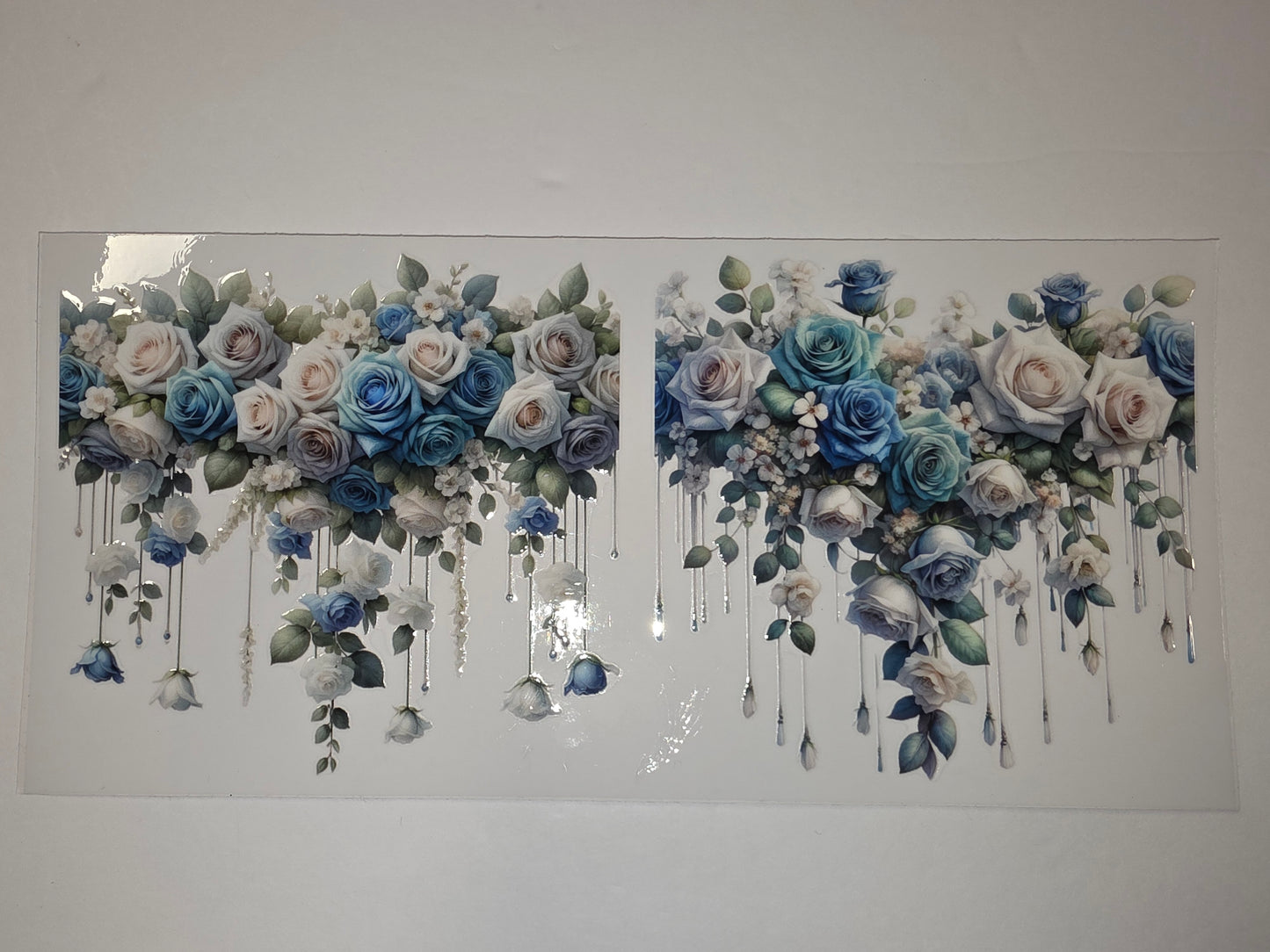Blue & White Rose Floral Tumbler Wrap | Elegant Drip Design | Sublimation Cup Art