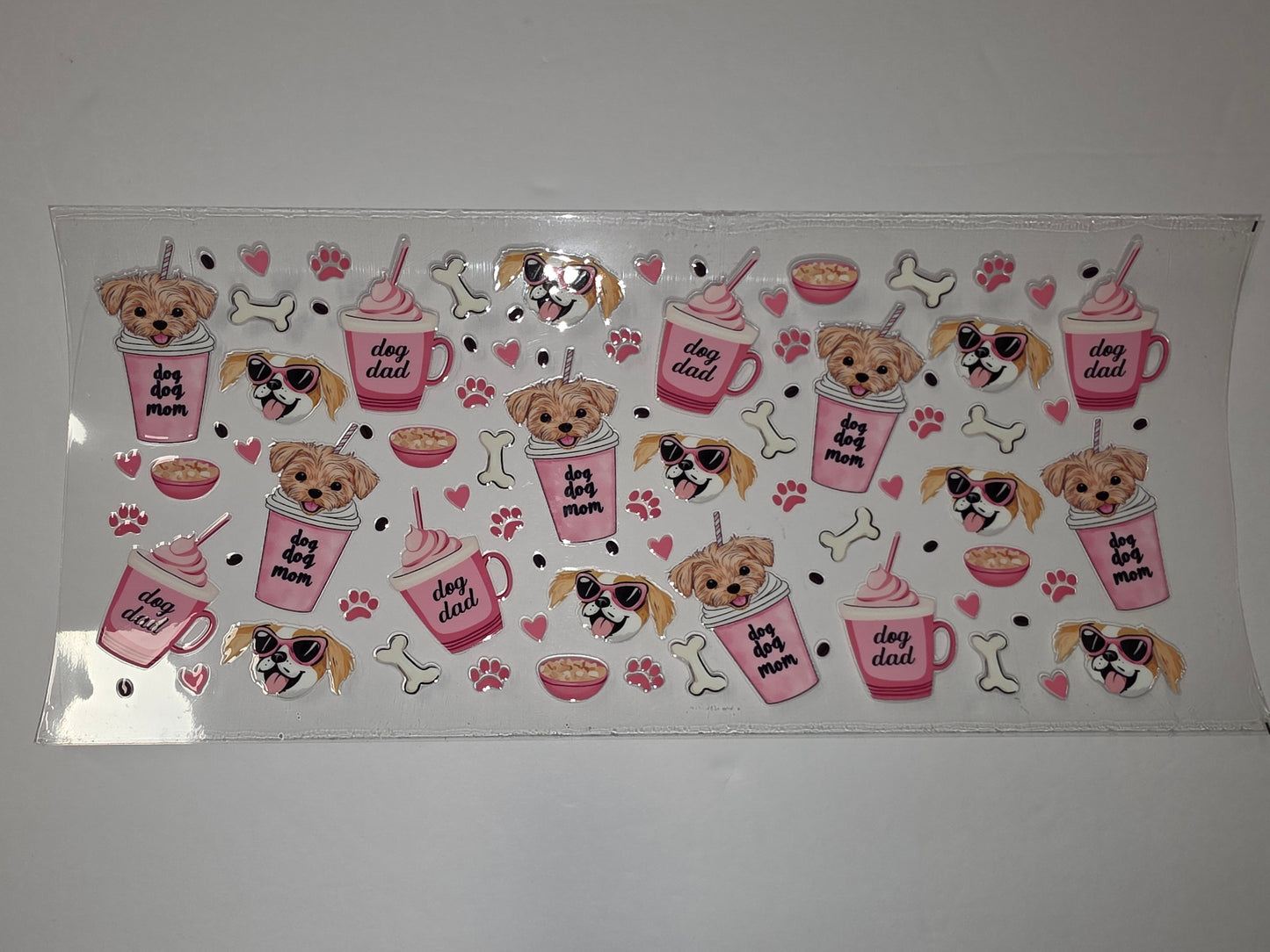 Cute Dog Mom & Dad Tumbler Wrap - Pink Coffee Cups, Pups, Bones & Hearts