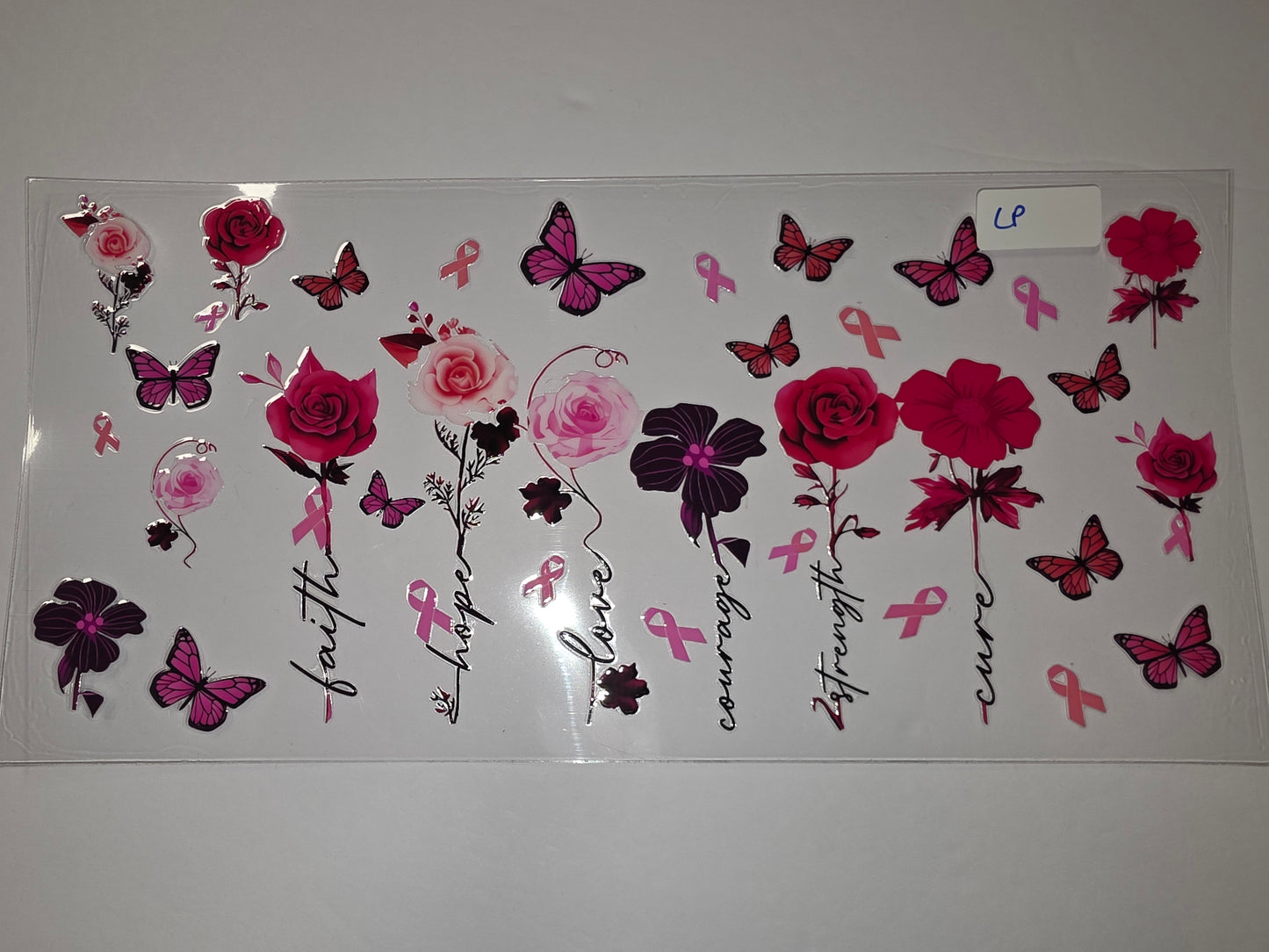Breast Cancer Awareness Tumbler Wrap - Pink Roses, Butterflies & Inspirational Words