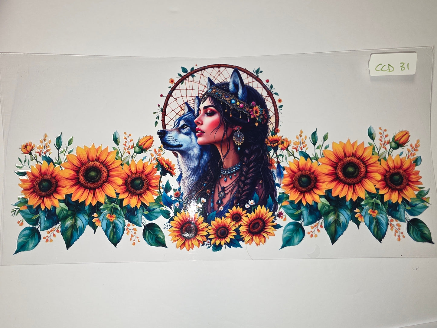 Boho Wolf Woman & Sunflowers Tumbler Wrap | Dreamcatcher Native American Style Design