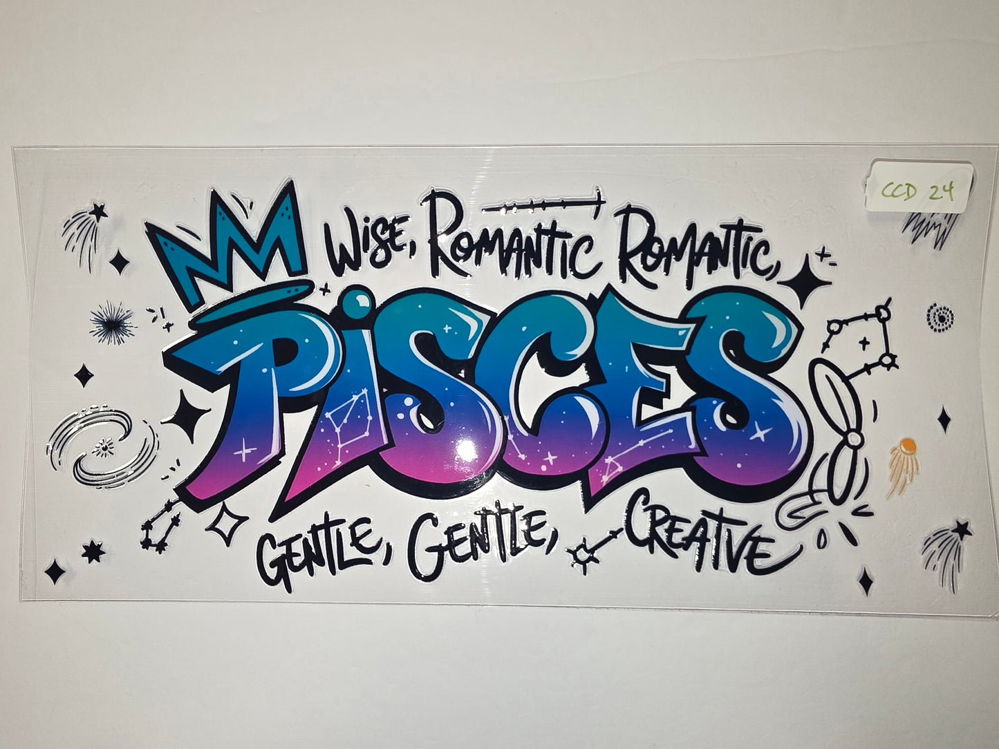 Graffiti Pisces Zodiac Tumbler Wrap - Teal, Blue, Purple Gradient with Stars & Constellations