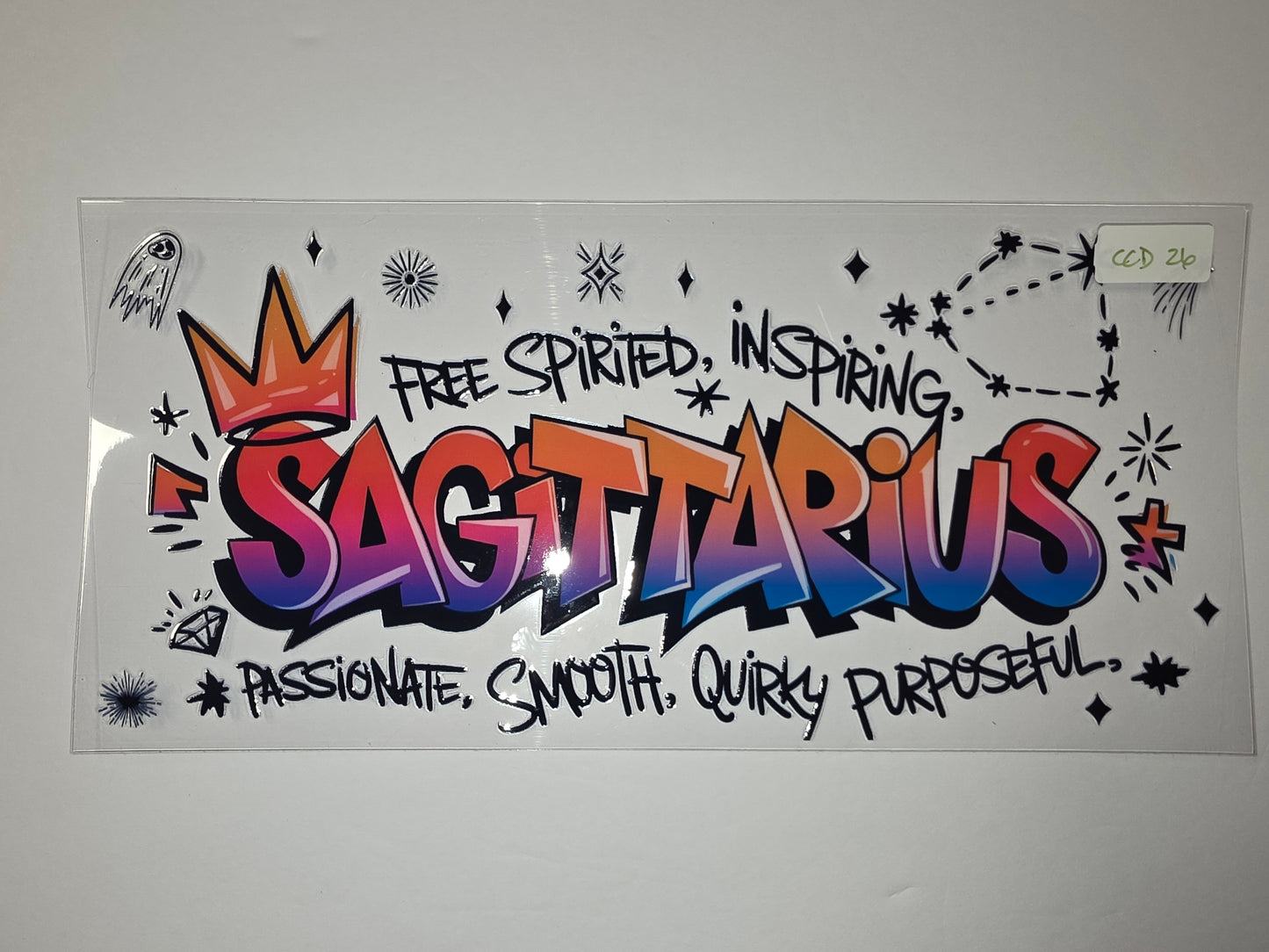 Sagittarius Graffiti Tumbler Wrap - "Free Spirited, Inspiring" - Gradient Orange to Blue