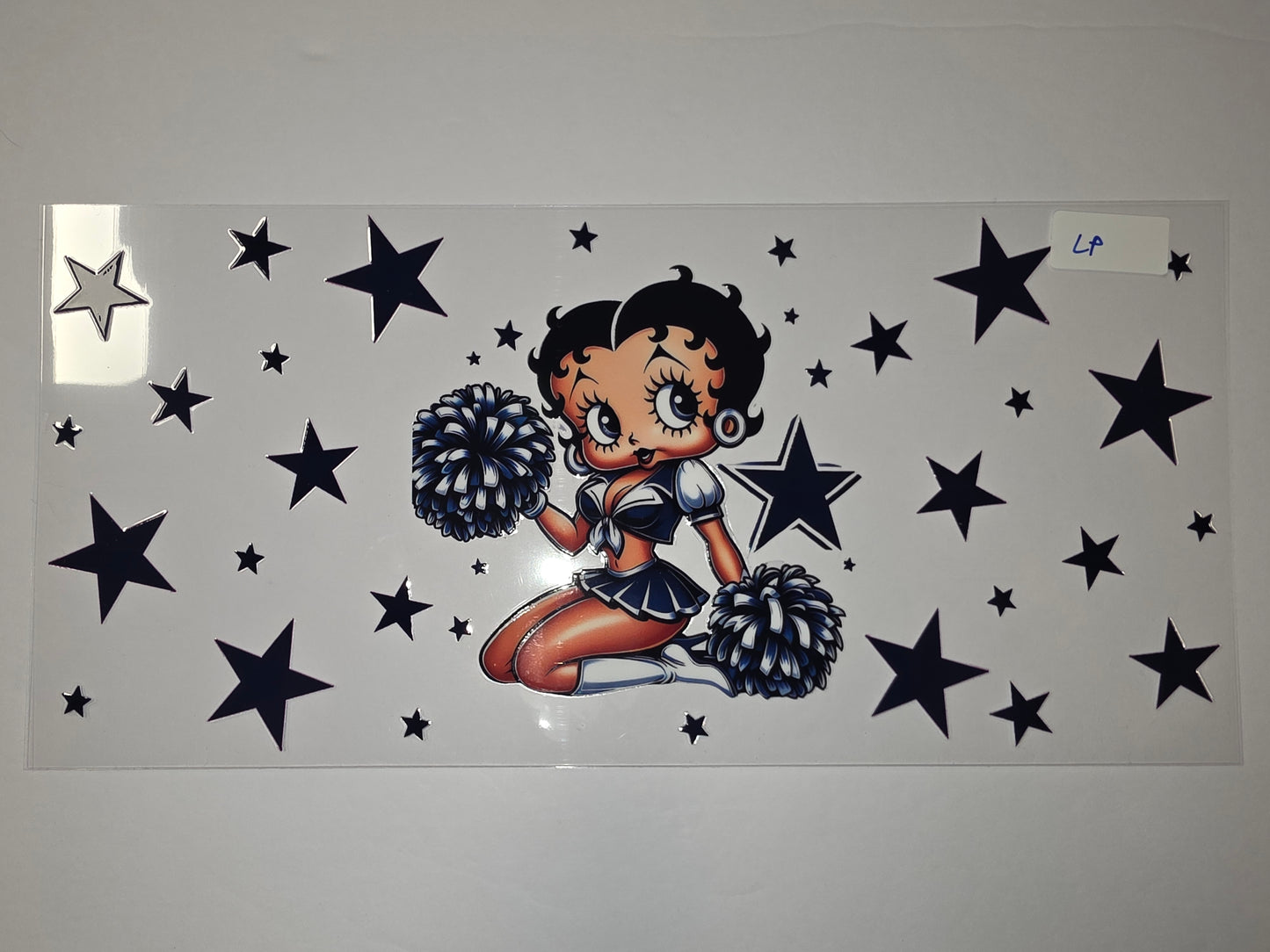 Betty Boop Cheerleader Tumbler Wrap - Navy Blue Stars & Pom Poms - Fun Drinkware Design